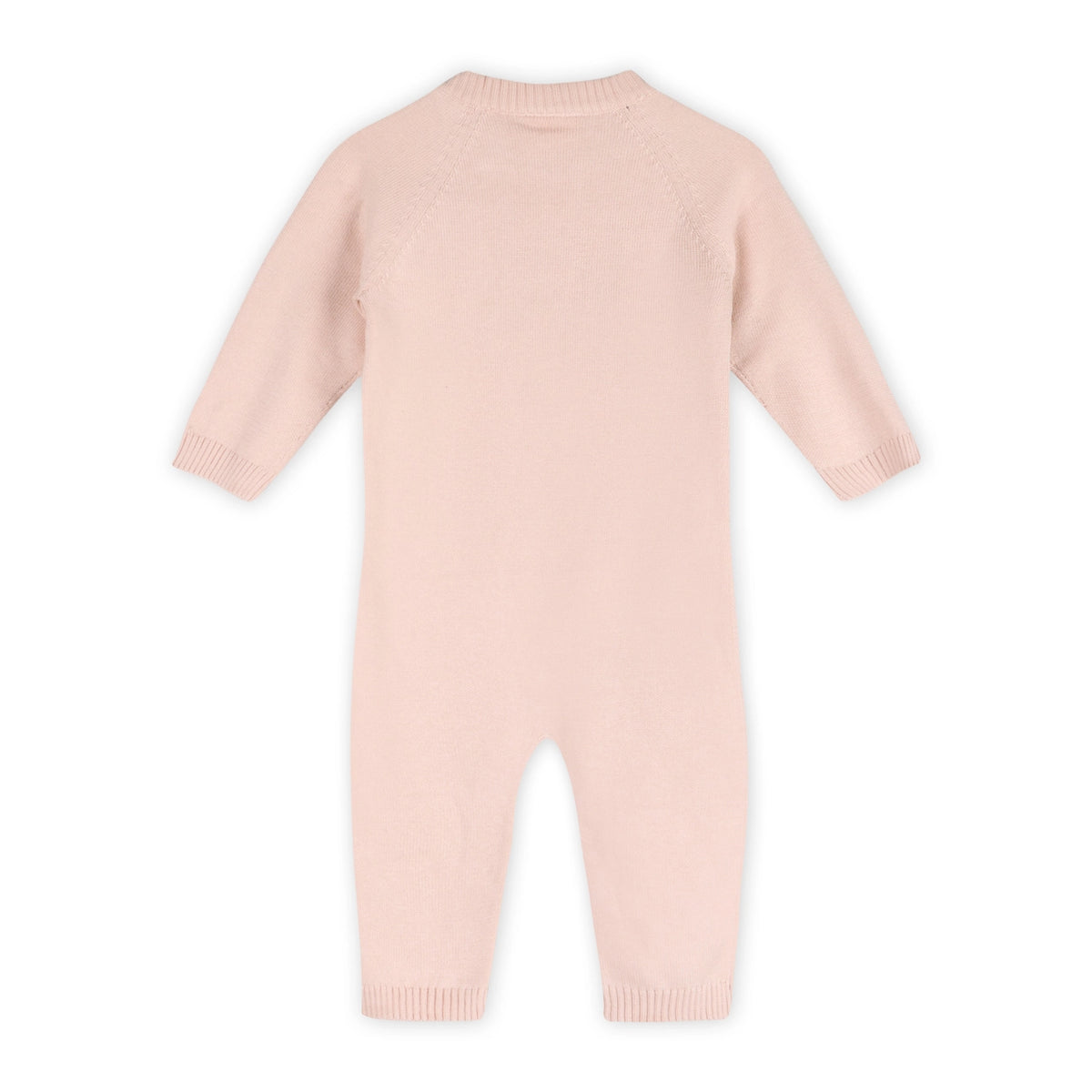 blush pink organic cotton baby jumpsuit with long sleeves and ribbed cuffs