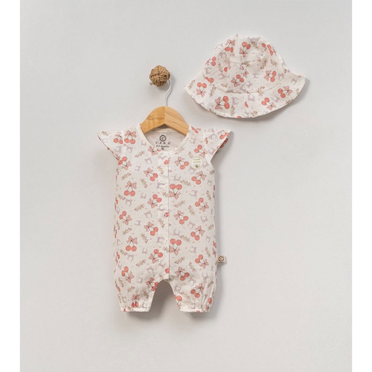 Summer baby romper with cherry pattern and hat