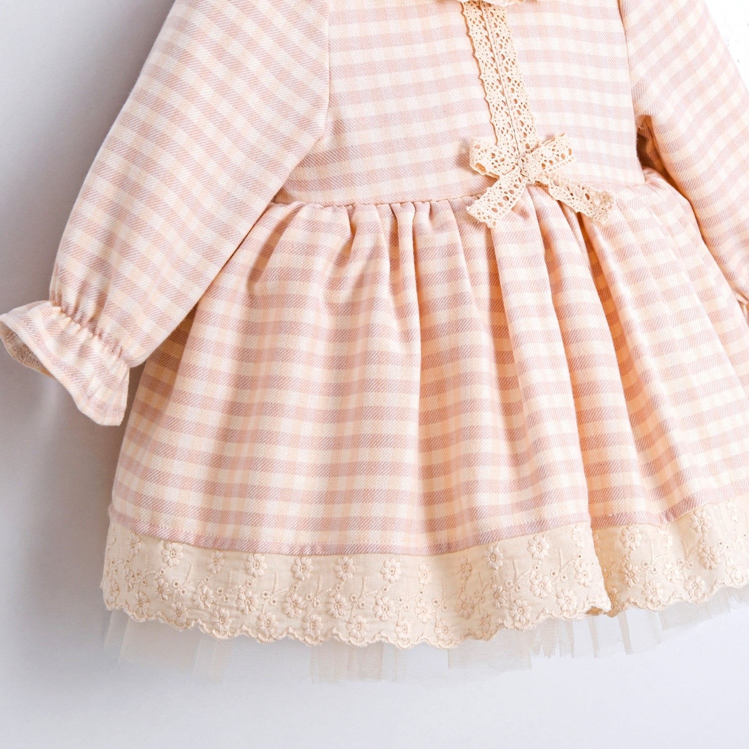 long sleeve baby girl dress with lace hem and gingham pattern