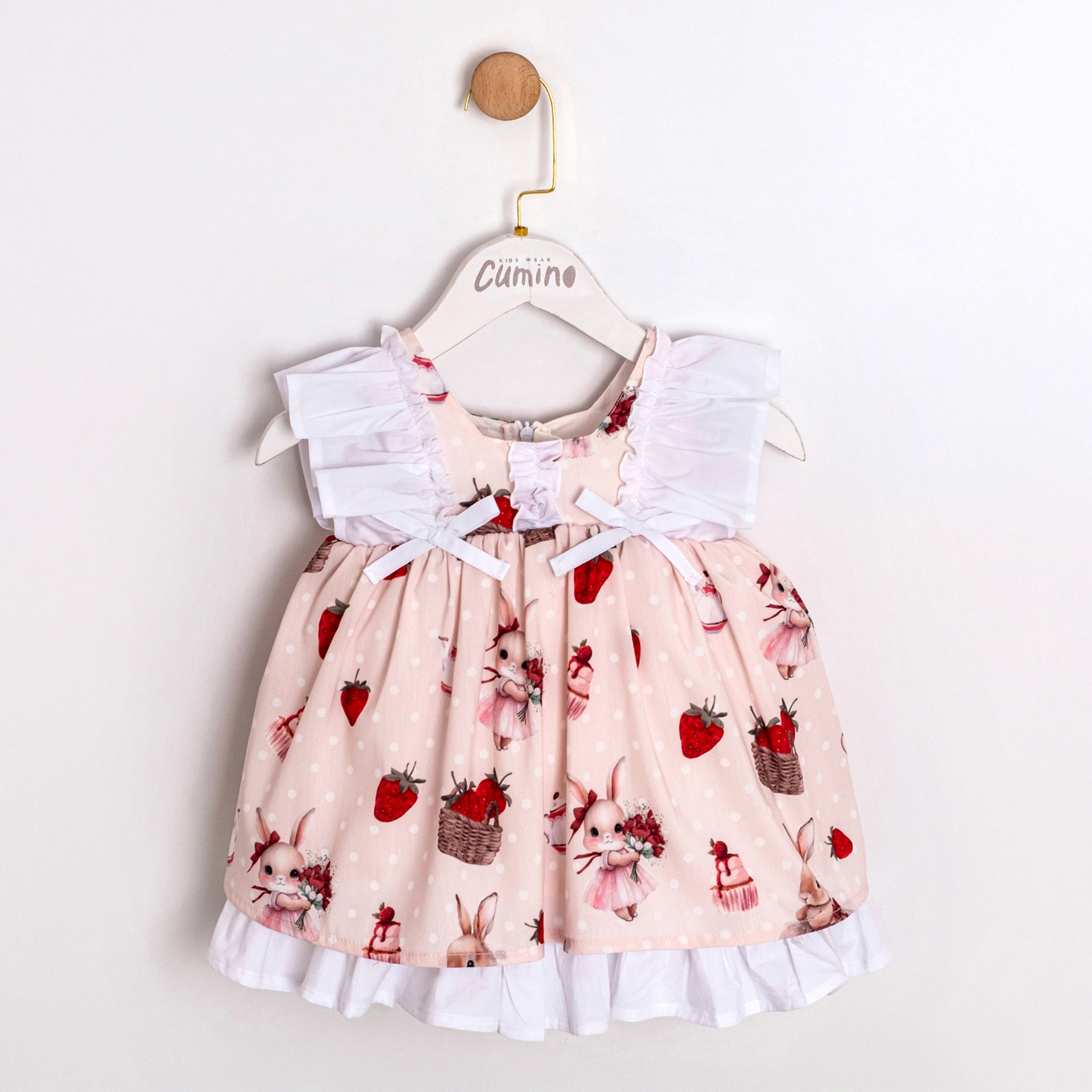 Baby girl dress with strawberry and bunny print