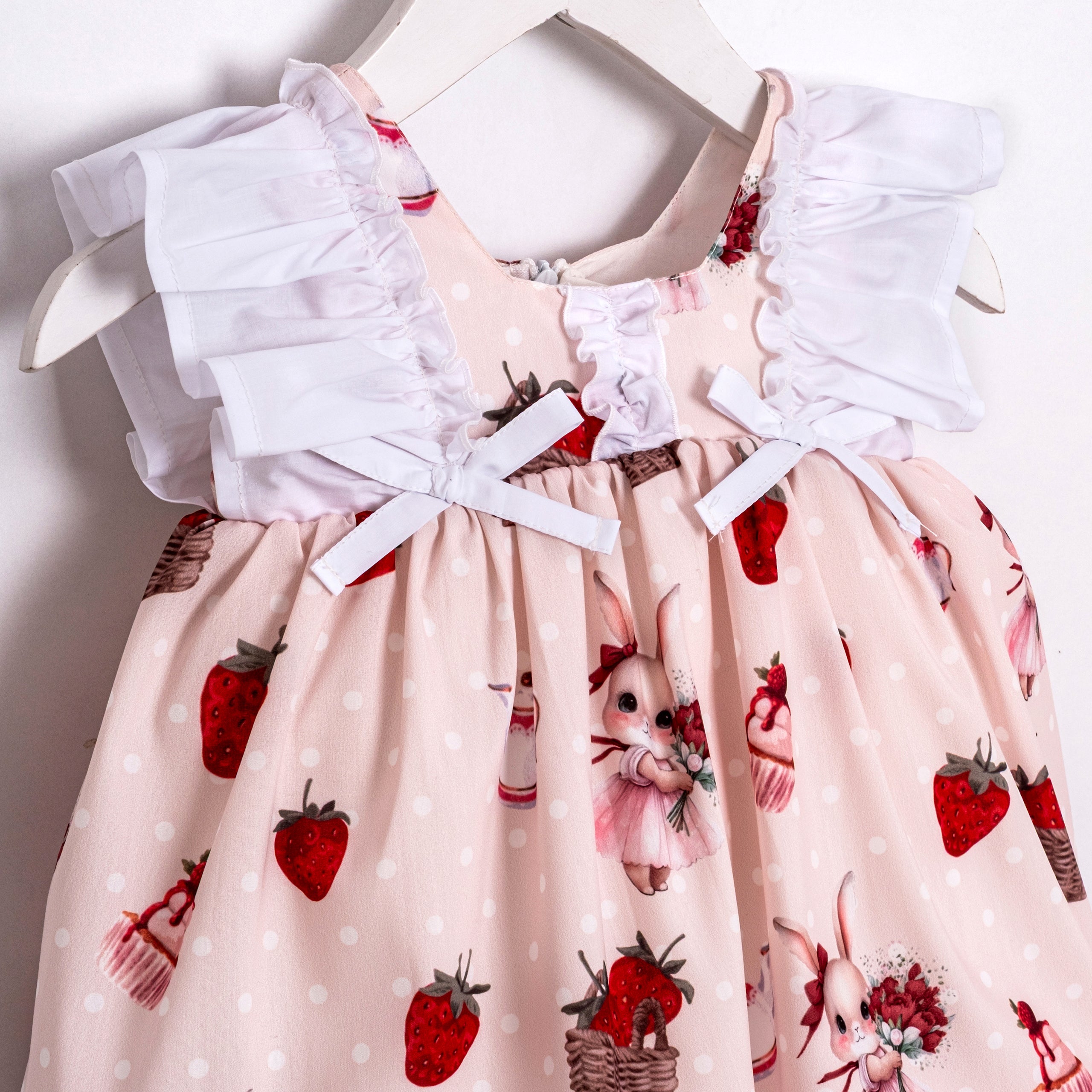 Cute bunny and strawberry baby girl dress with ruffle hem