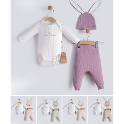 Three-piece lavender baby outfit including ribbed pants and bunny hat