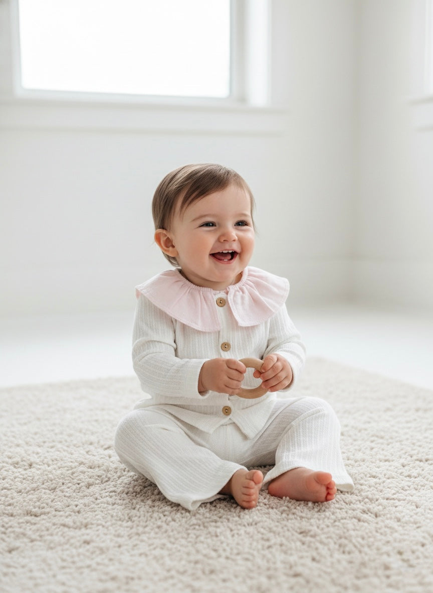 Three piece baby outfit with ruffle collar top and matching pants