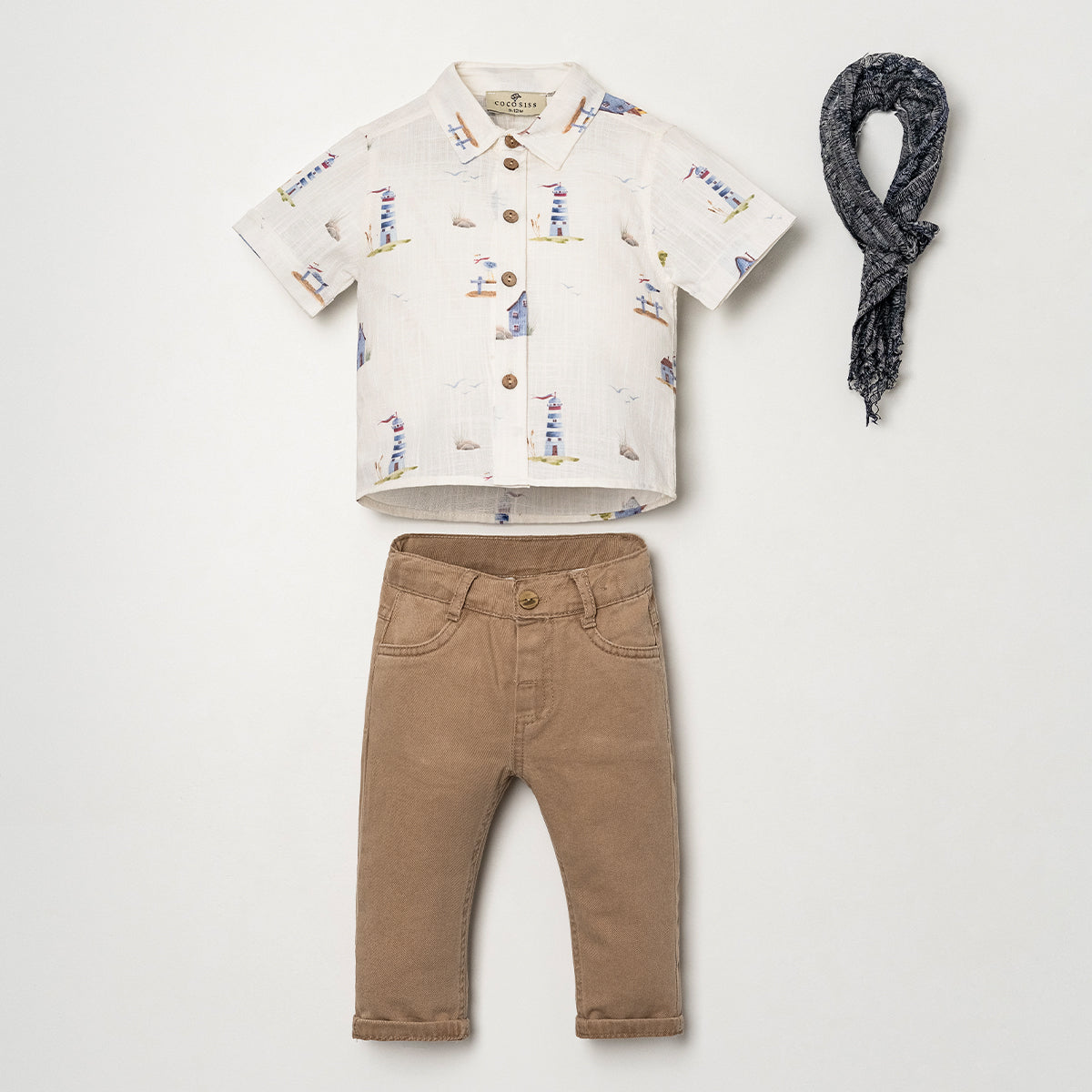 Nautical baby boy clothing set with lighthouse print shirt
