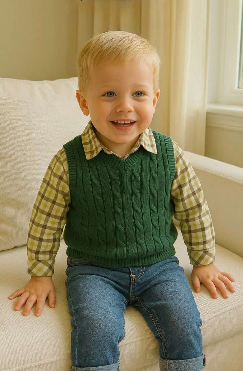 Baby boy outfit with green cable knit vest, plaid shirt, and denim pants