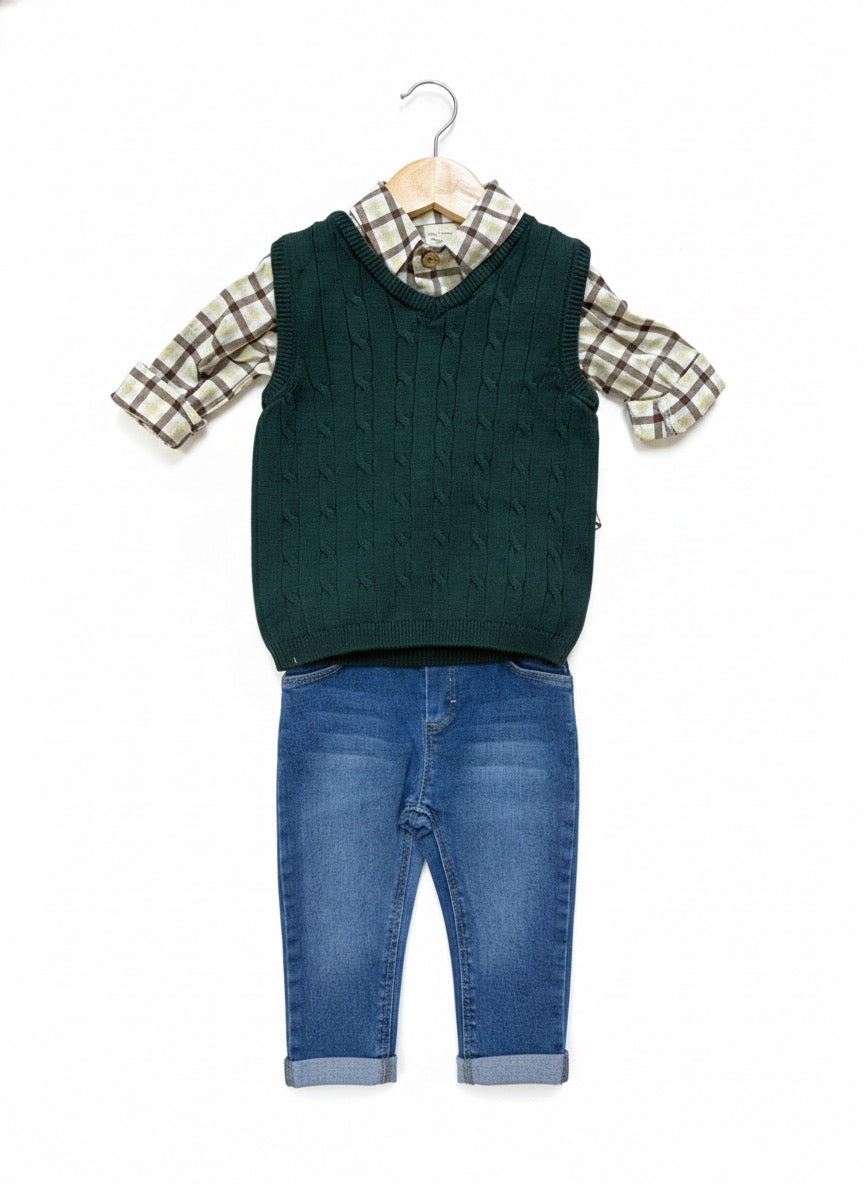 Toddler boy fall outfit featuring cable vest and checkered shirt