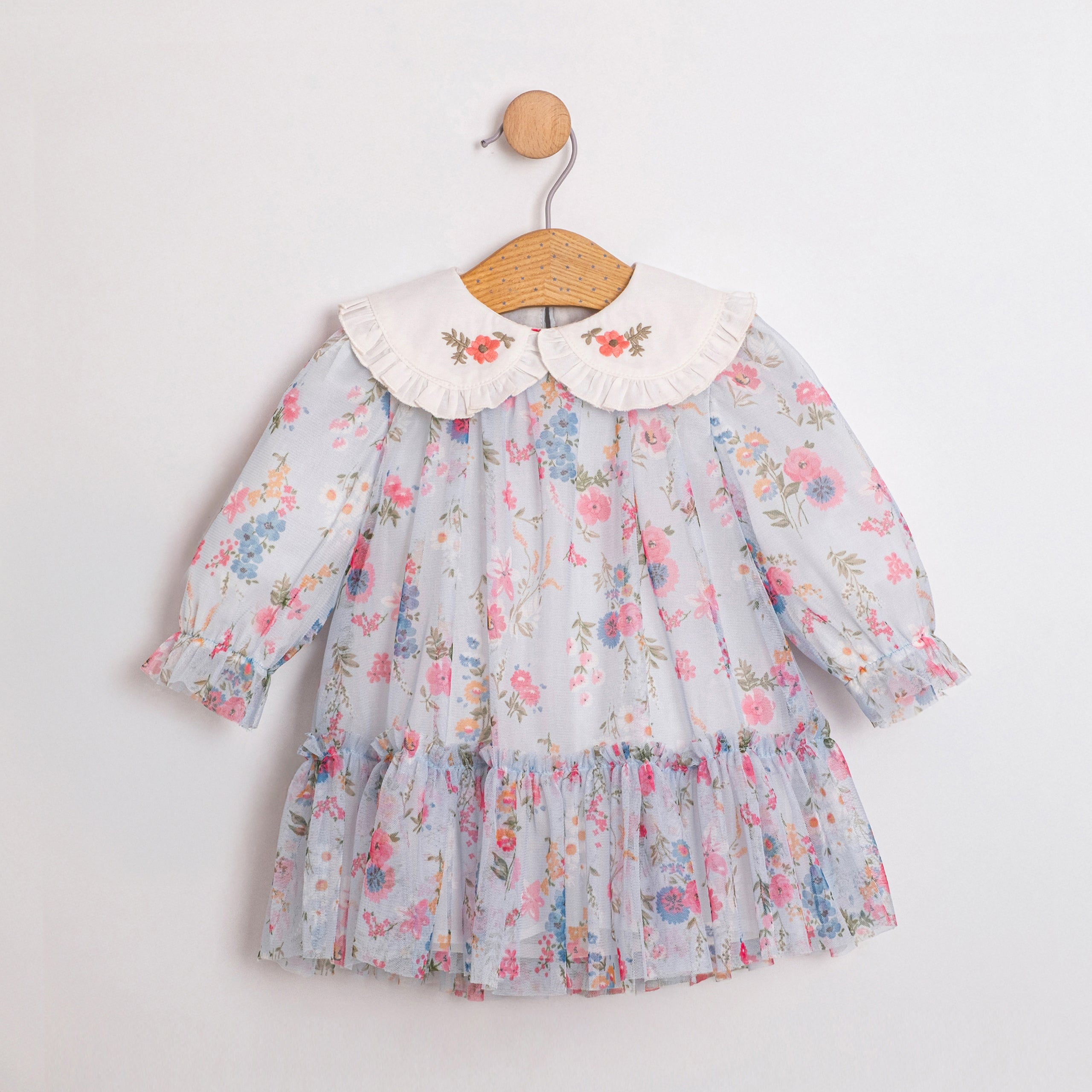 Floral baby girl dress with embroidered Peter Pan collar