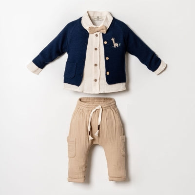 classic baby boy outfit with knit cardigan and drawstring pants