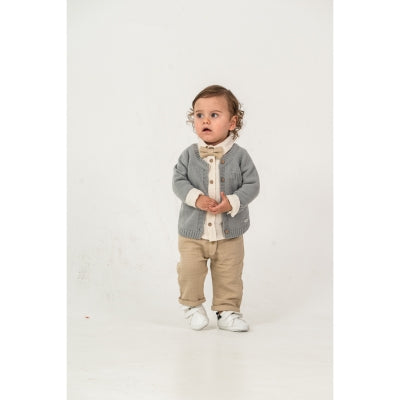 baby boy outfit with knit cardigan and neutral pants