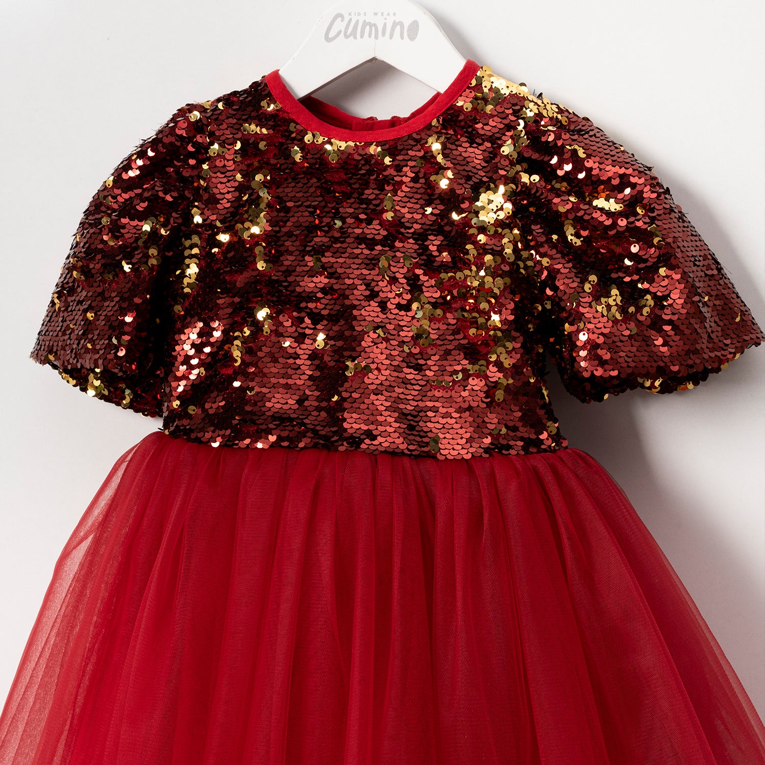 Elegant red tulle dress for kids with sequin bow back detail
