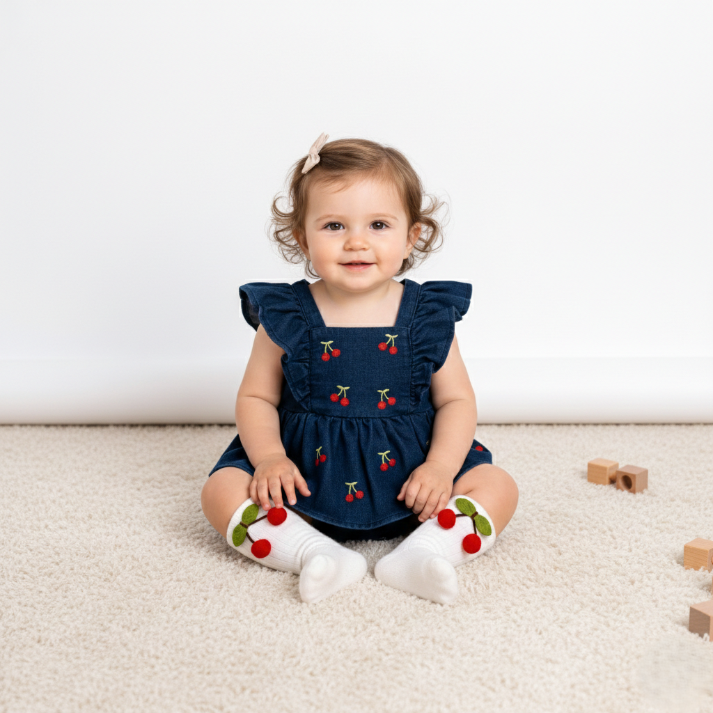 Denim baby romper dress with cherry embroidery