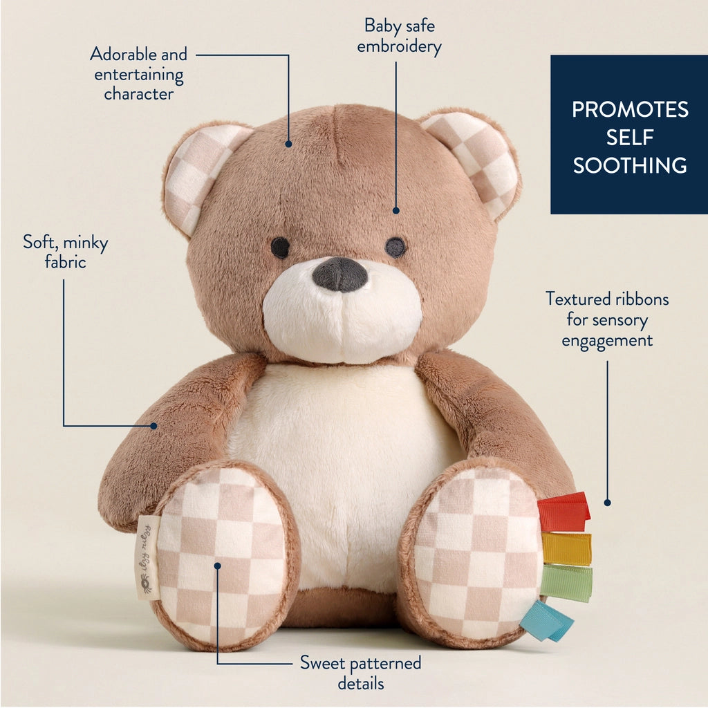 Neutral teddy bear plush with checkered paws