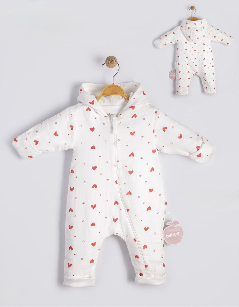 Baby onesie with heart print and hooded zip design