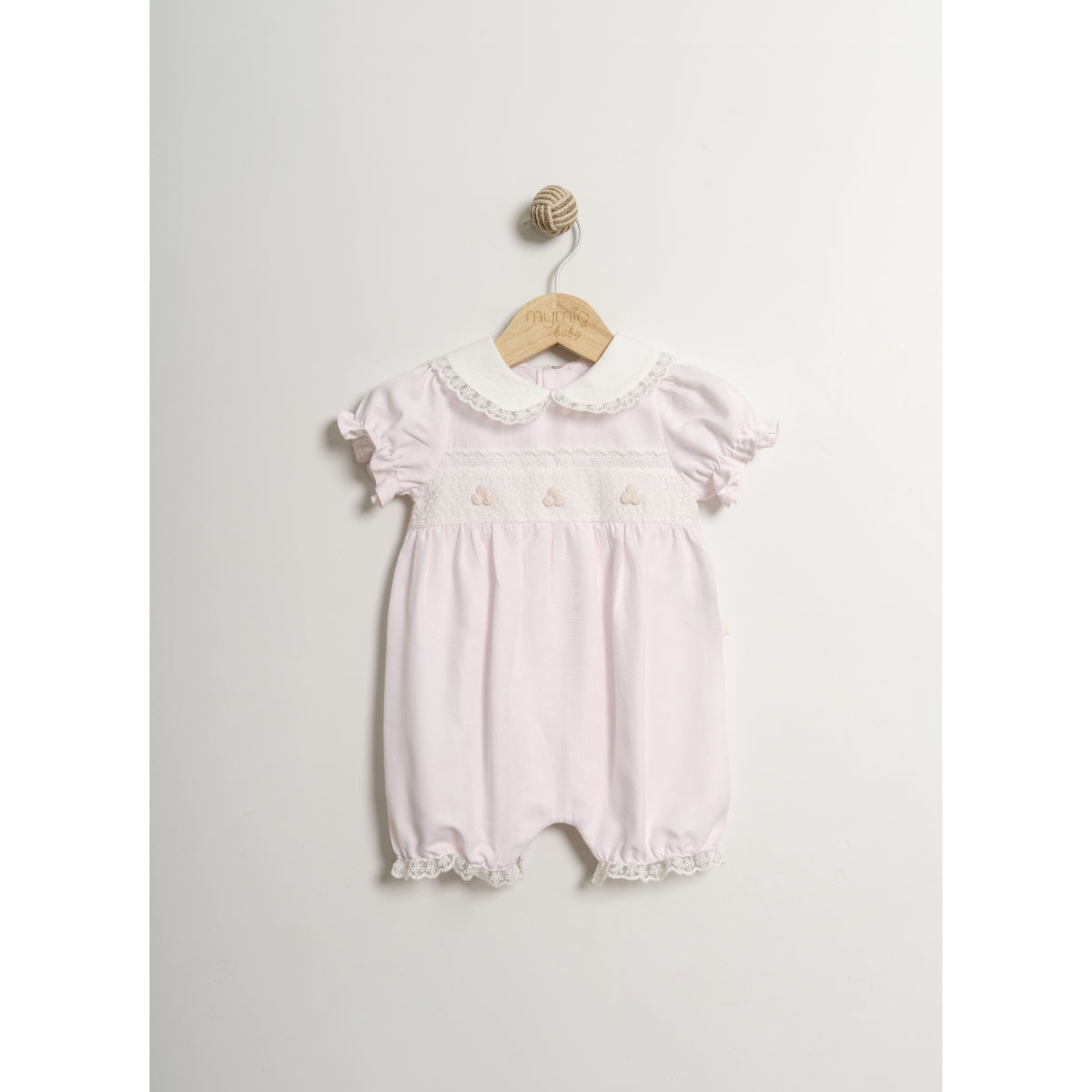 Baby girl smocked romper with lace collar