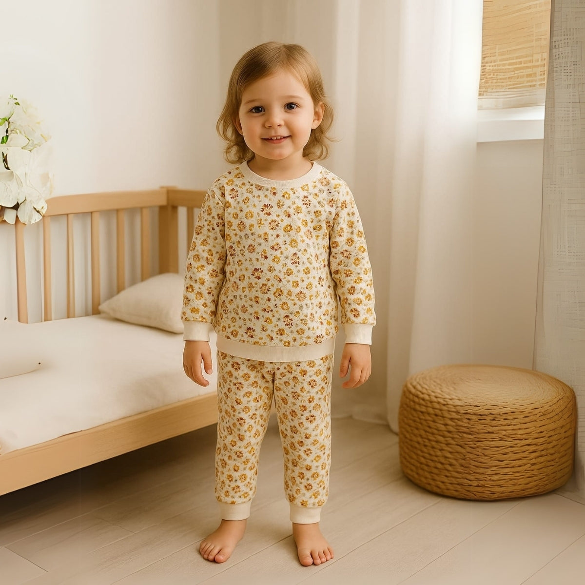 Toddler wearing soft floral lounge set in warm autumn colors