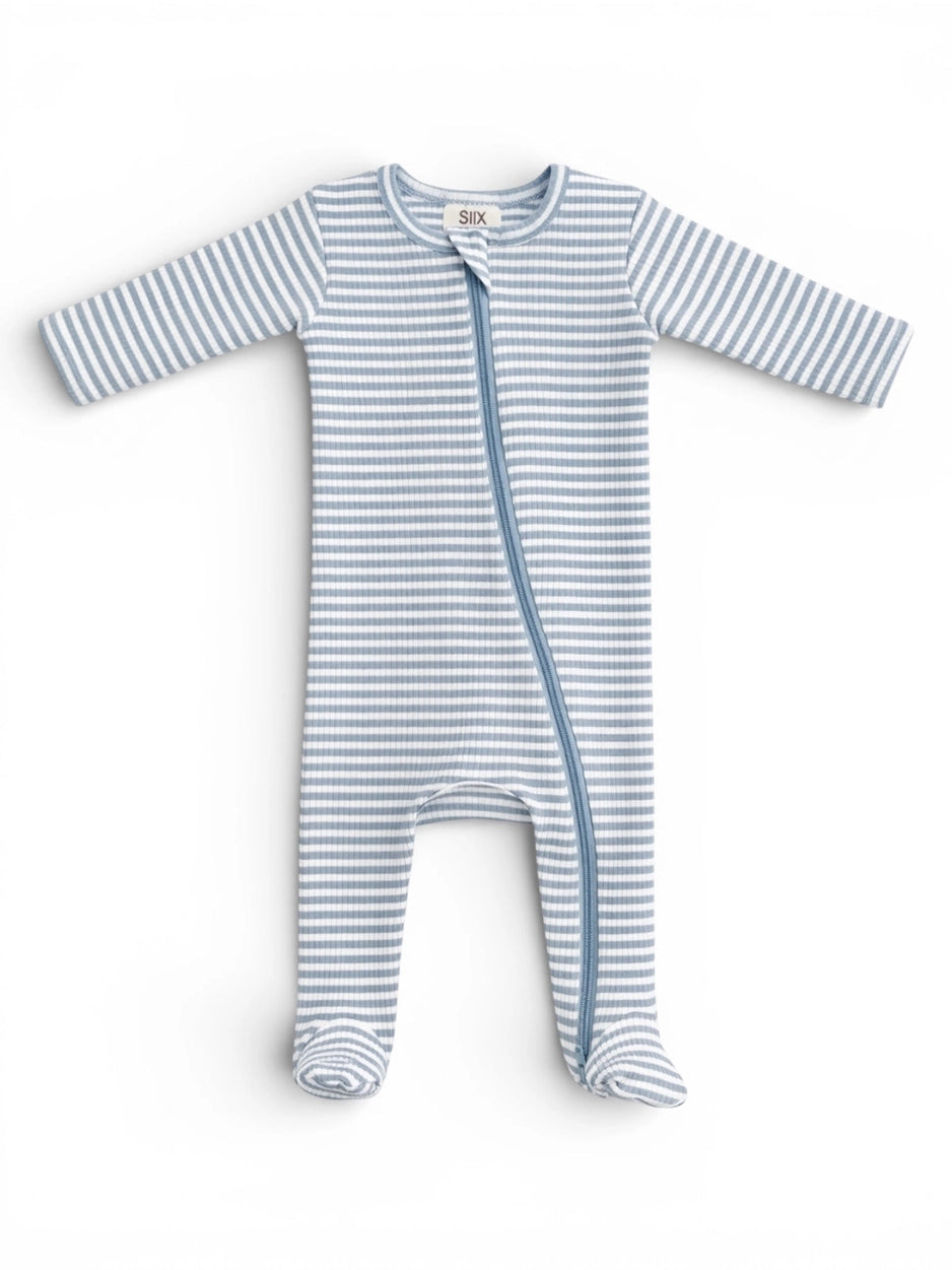 Dusty Blue Stripe / Ribbed 2-Way Zip Onesie