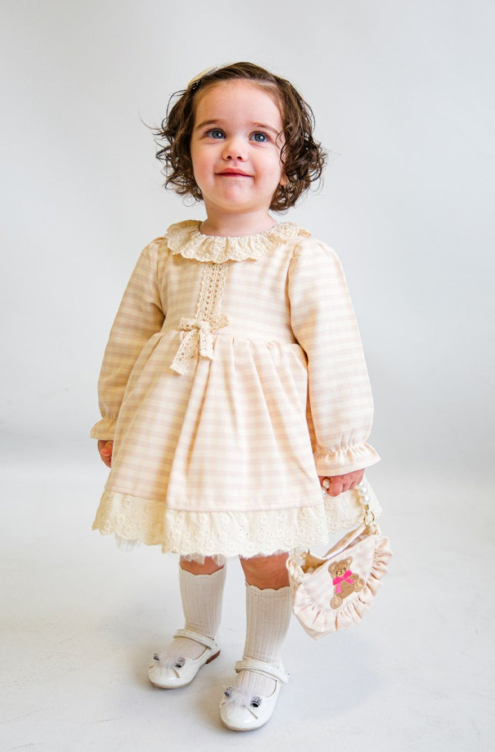 toddler girl lace trimmed dress in soft pastel check print