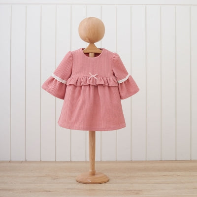 long sleeve baby girl dress in pastel blue with lace detail