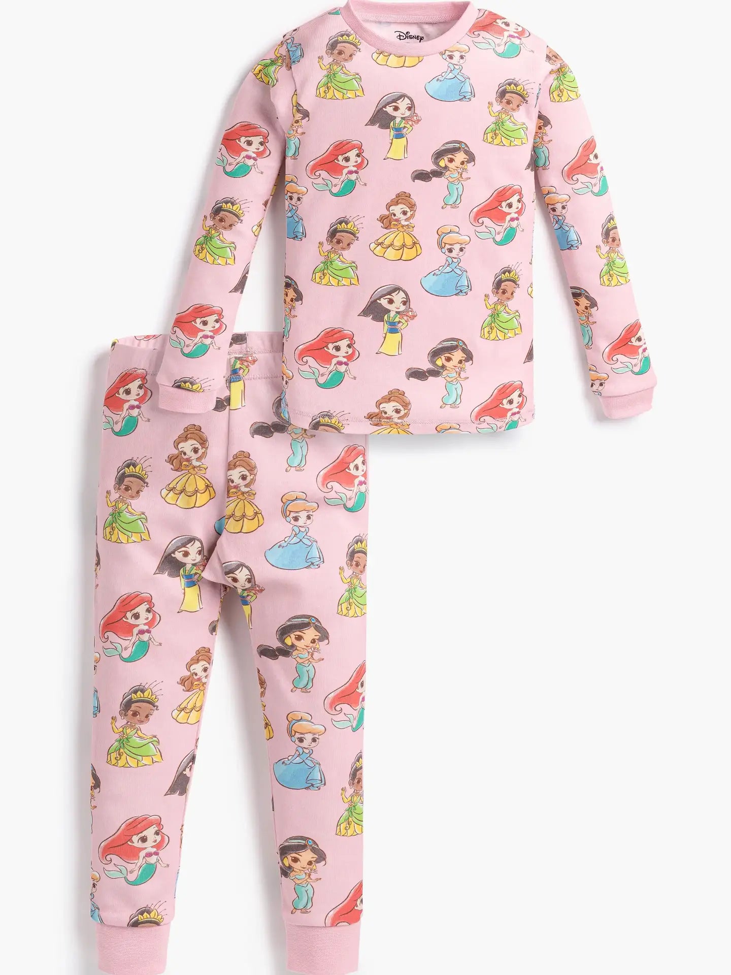 Disney Princess girls pink cotton pajama set featuring Ariel, Belle, Cinderella, Jasmine, Tiana, and Mulan.