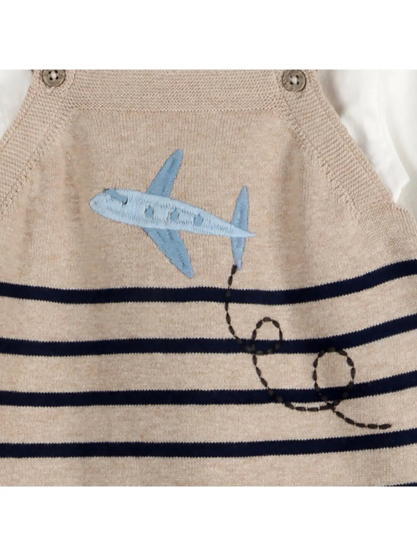 Soft organic cotton baby summer romper with airplane embroidery and striped knit design.