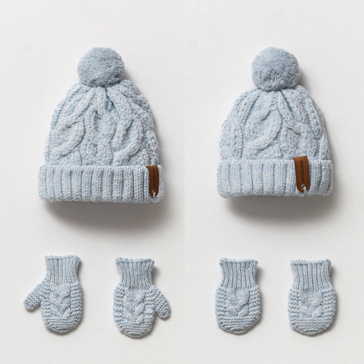 Knit beanie and mitten baby set in three colors, soft cotton winter essentials for infants.