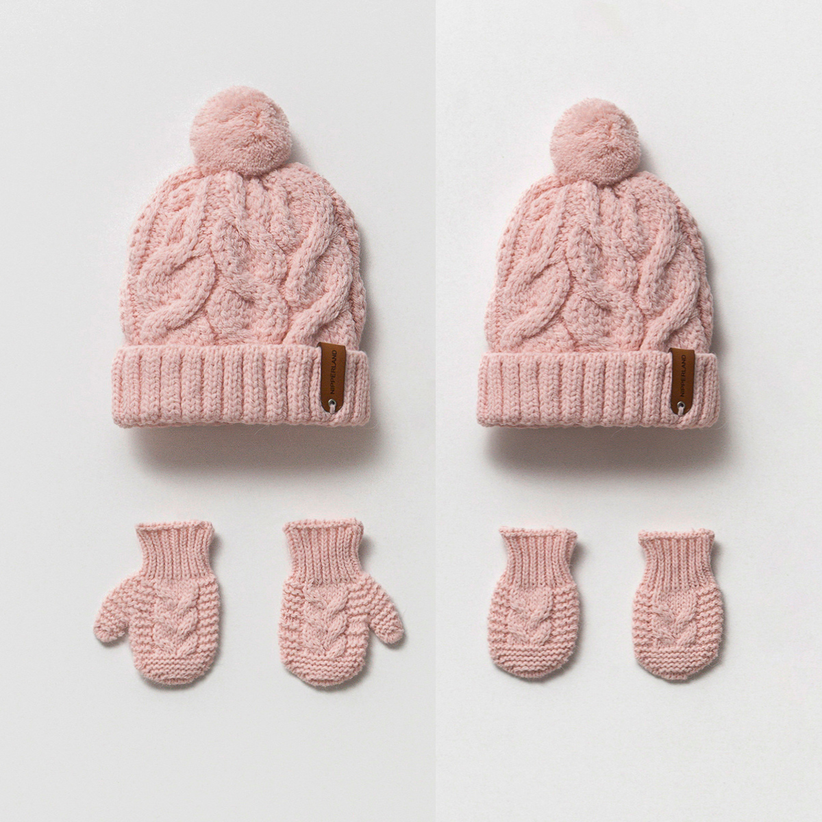 Cozy knit baby beanie with matching mittens, 3 color set perfect for newborn comfort.