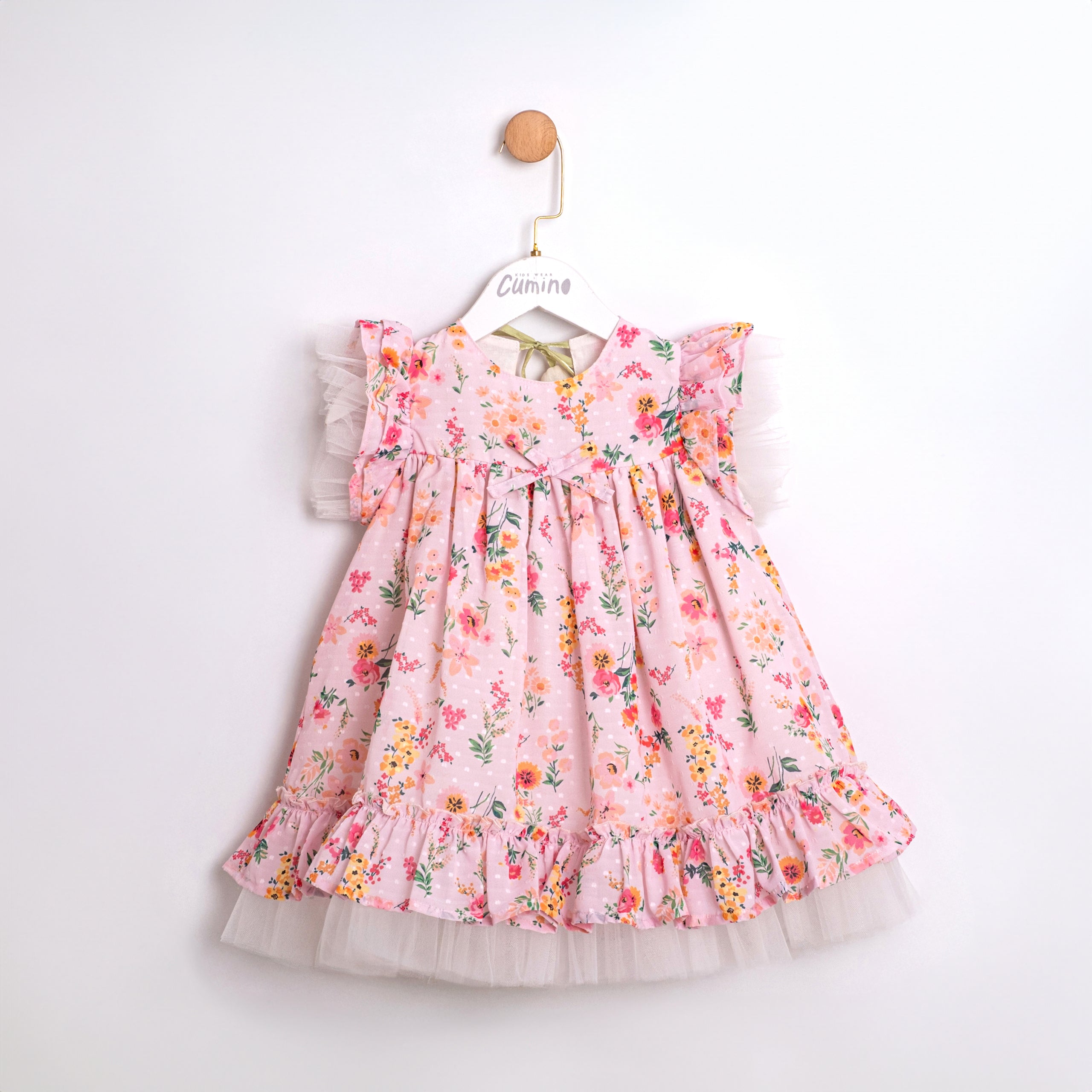 Lara pink floral baby girl dress with ruffle hem
