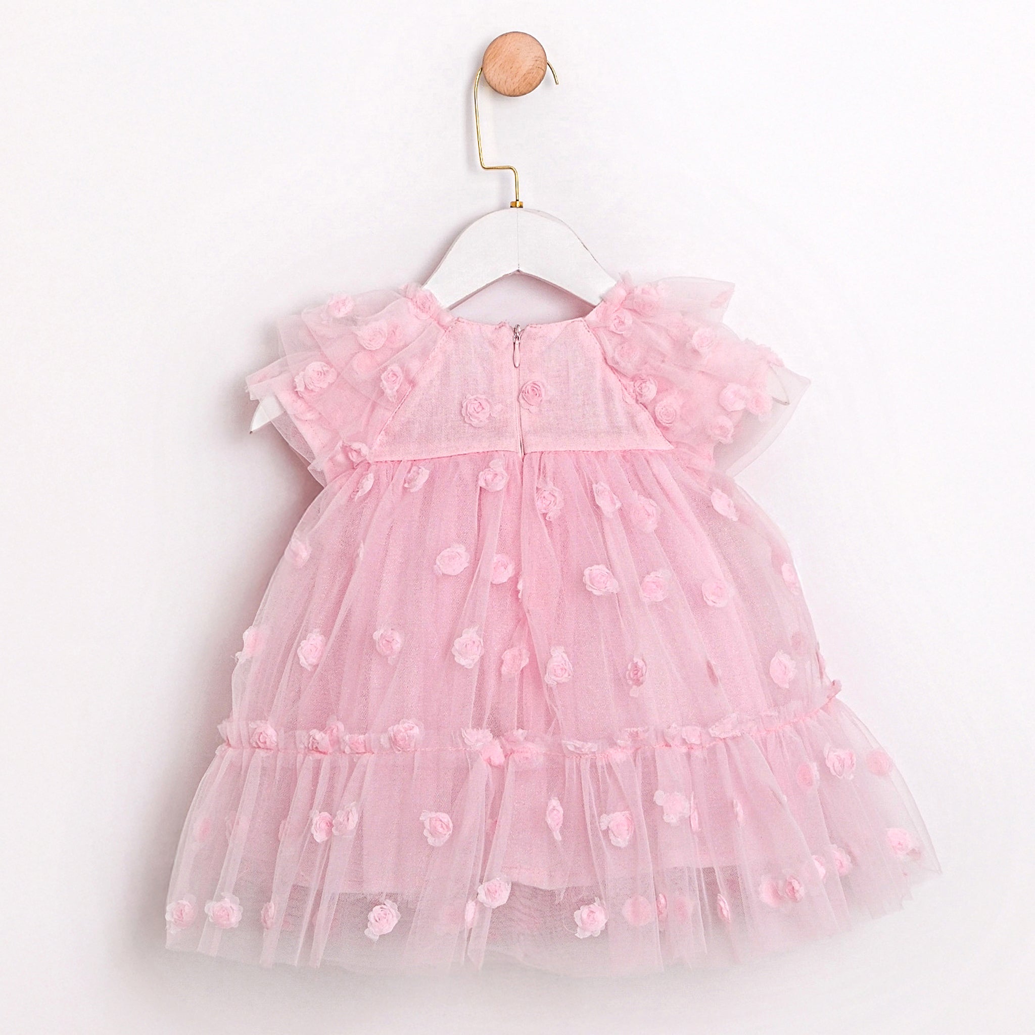 Elegant blush pink baby girl dress with 3D flowers and full skirt