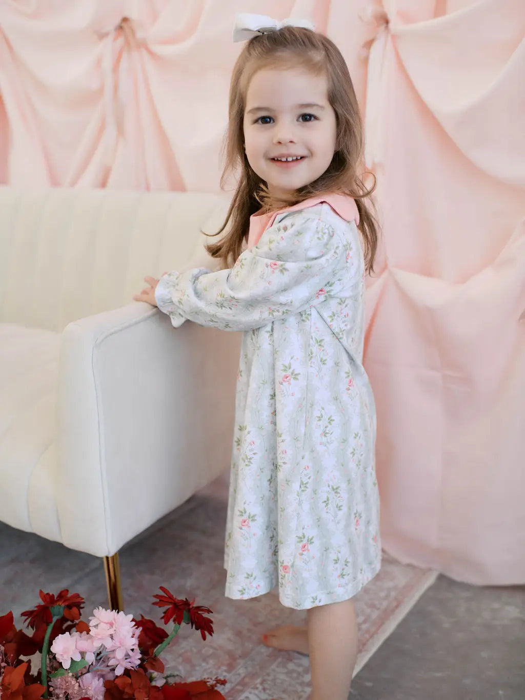 Girls pink and green floral Peter Pan collar dress