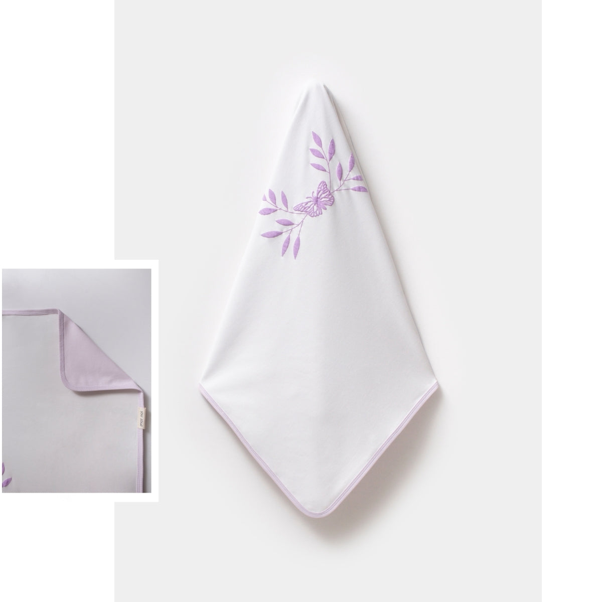 White baby blanket with lavender butterfly and leaf embroidery