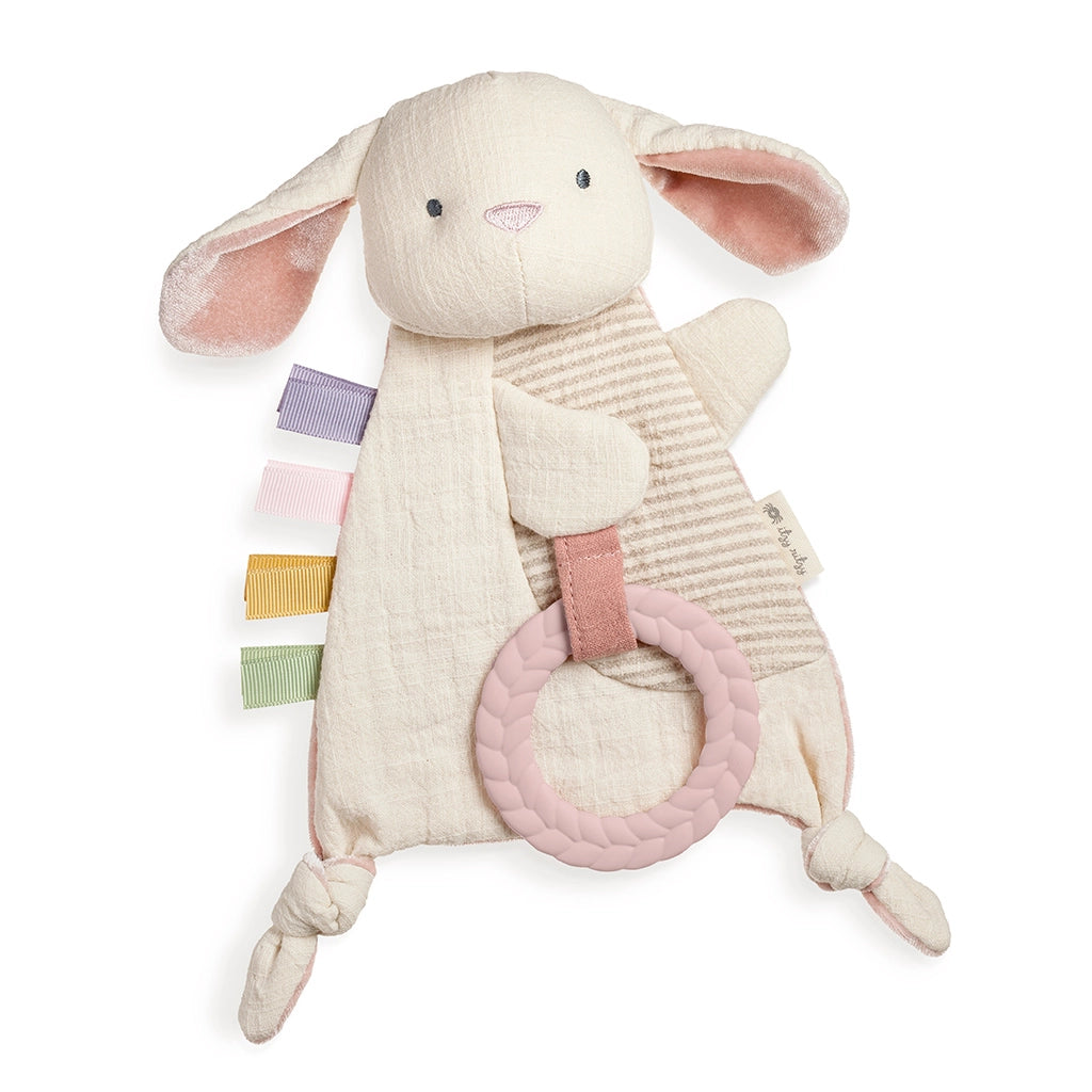Bunny baby teether and sensory lovey with pink teething ring