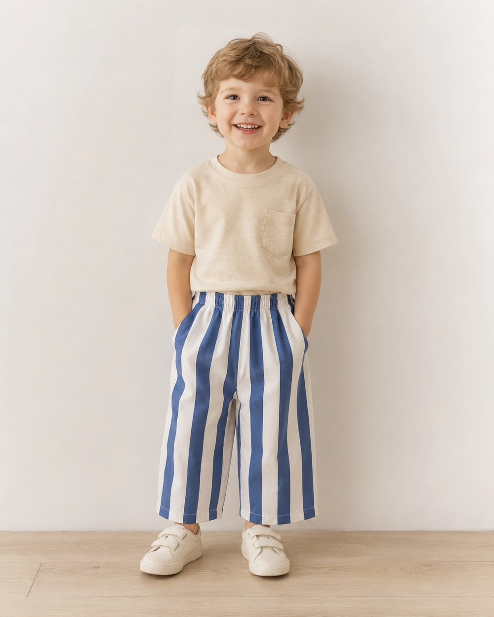 Lightweight striped children's pants with side pockets.
