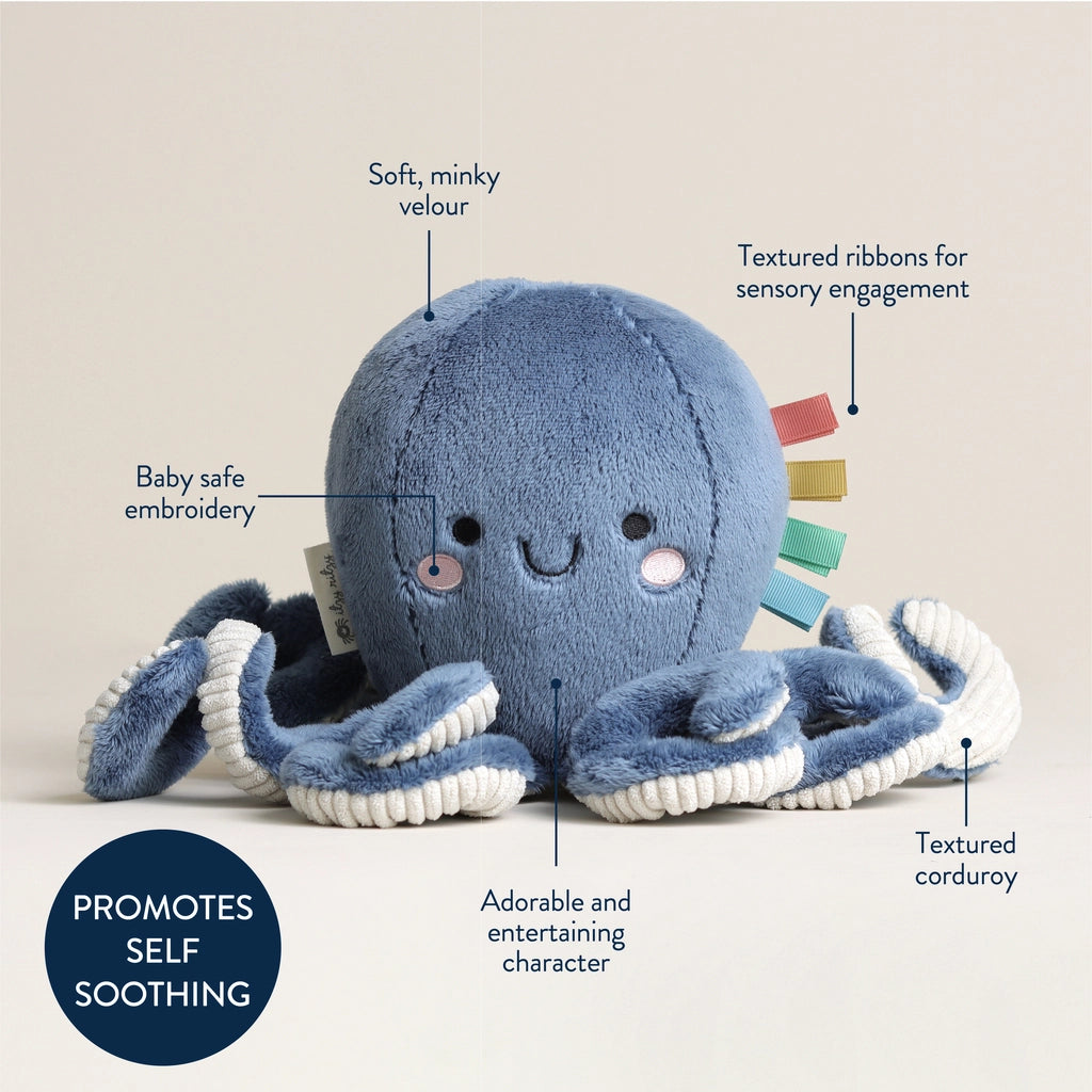 Baby sensory octopus toy with colorful ribbon tags