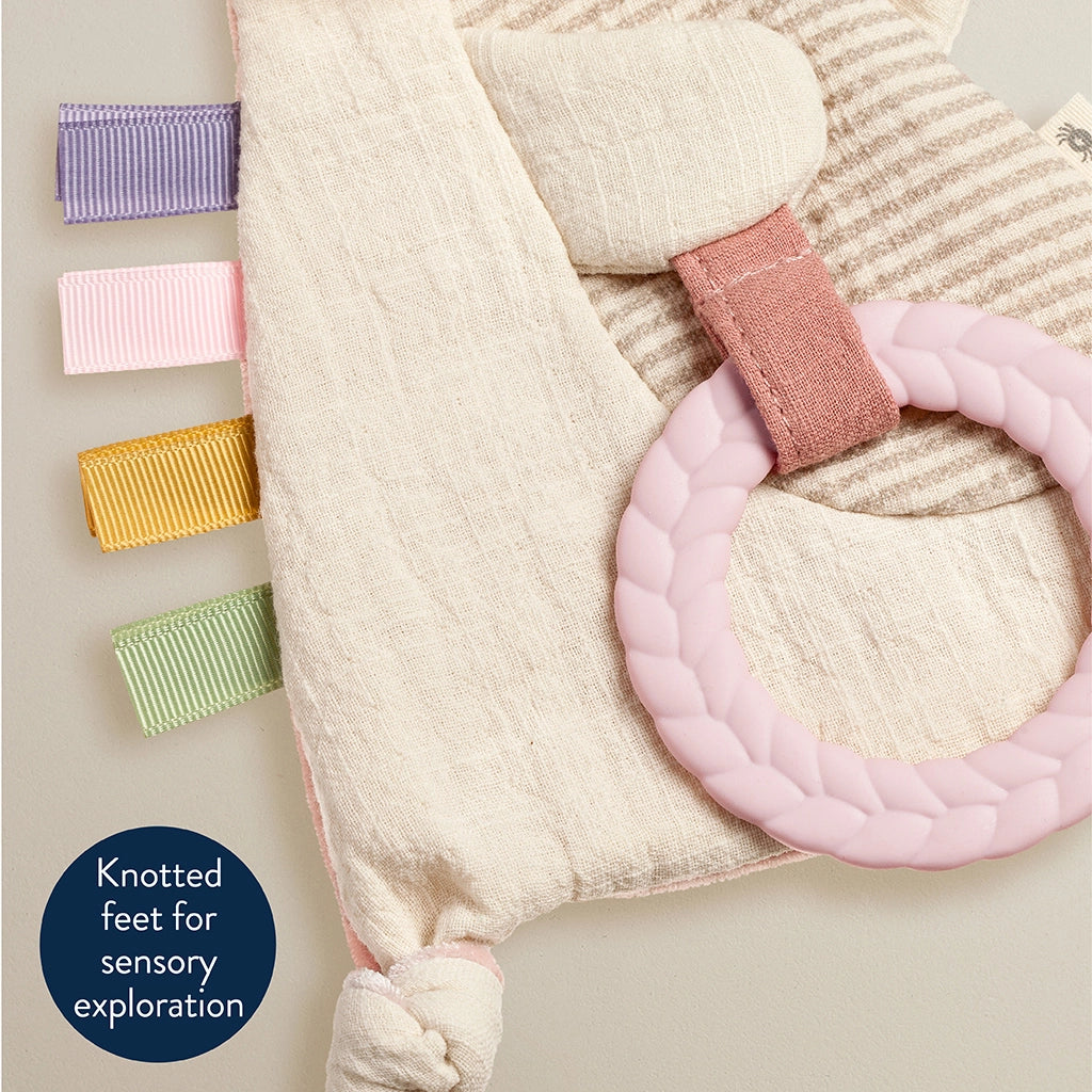 Bunny teething toy with textured ring and knotted corners