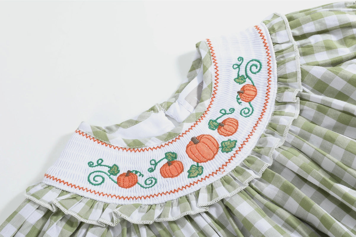 sage green gingham baby girl dress with smocking