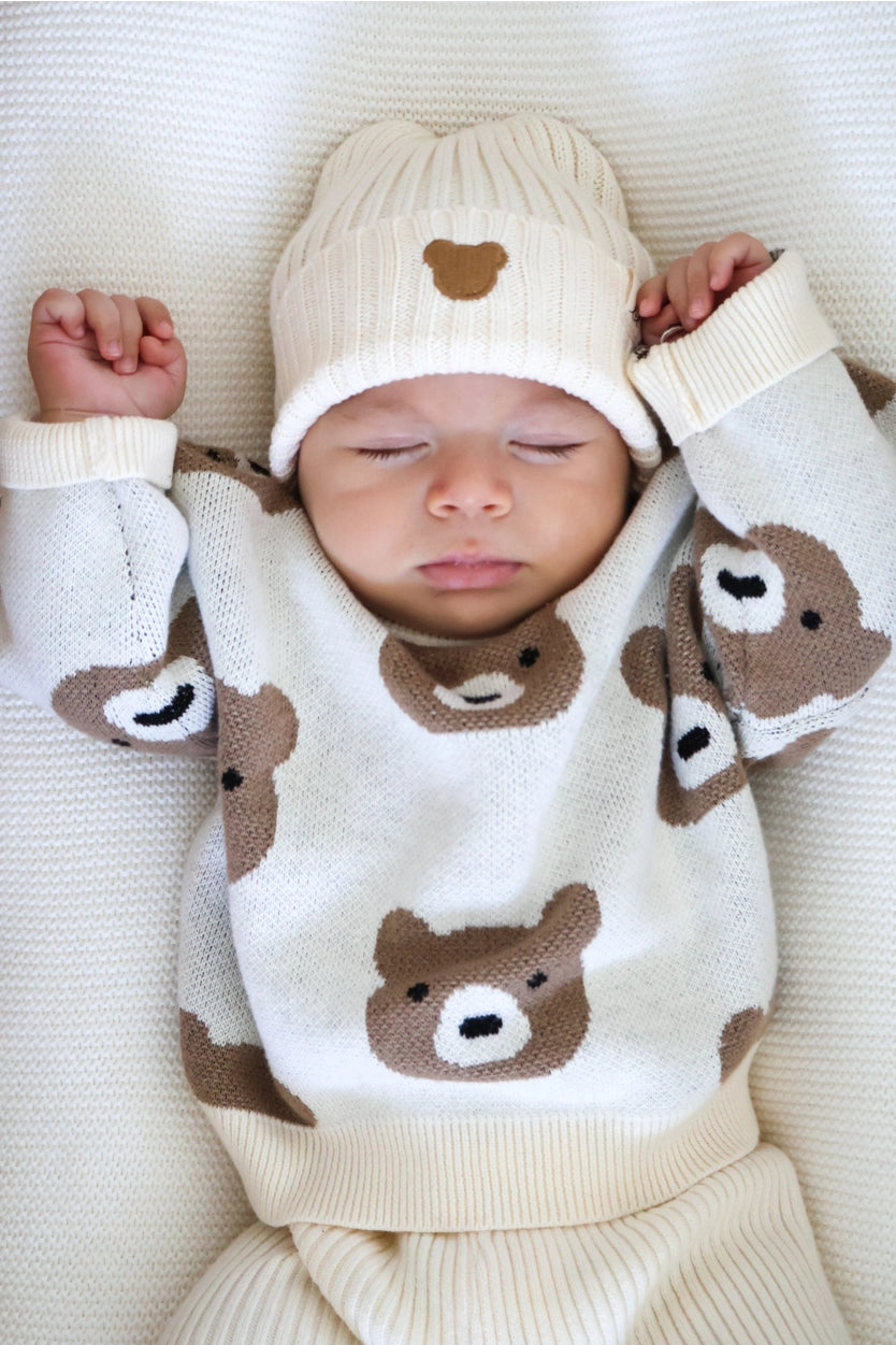 Organic cotton teddy bear knit baby sweater in neutral cream