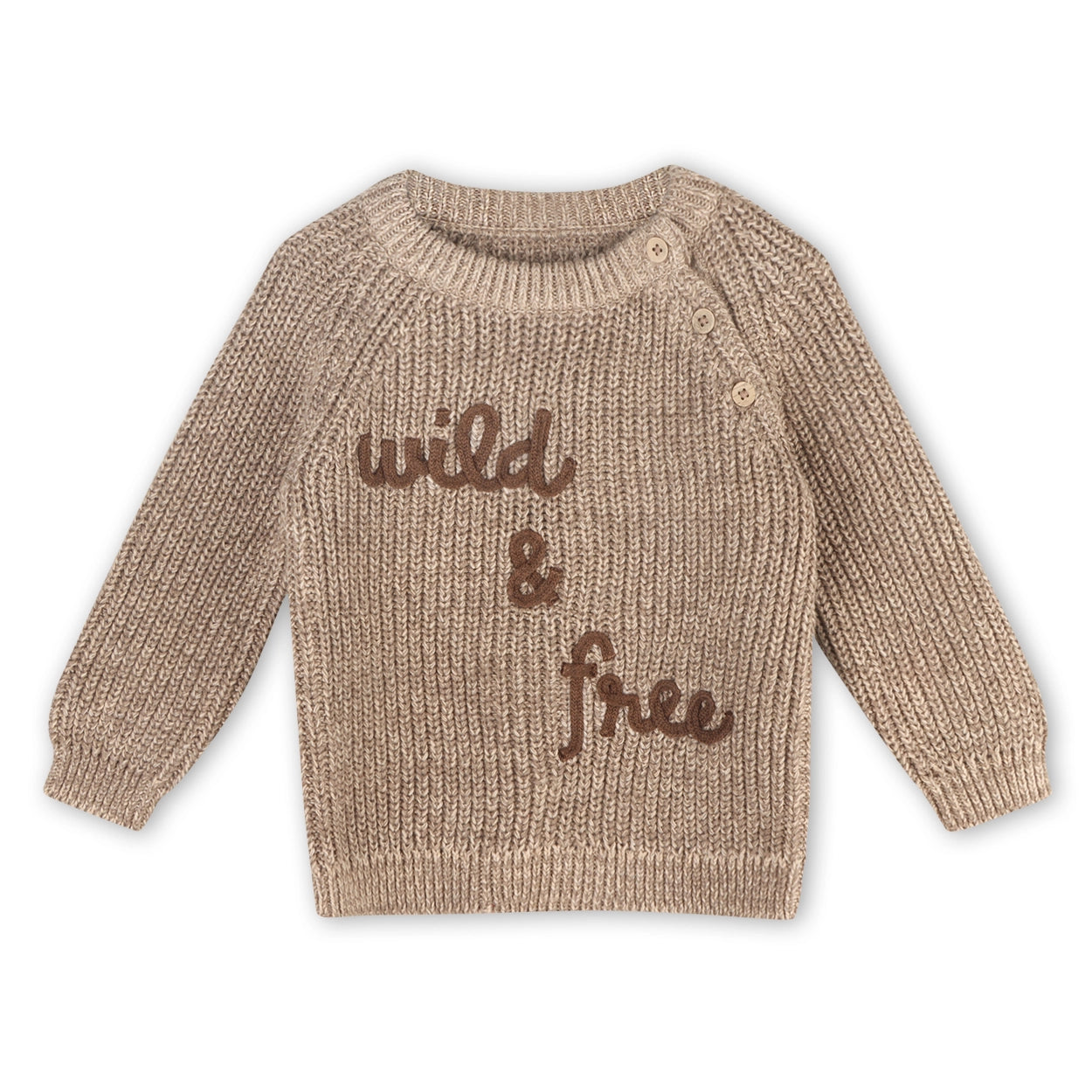 Organic cotton Wild & Free baby knit sweater in a neutral beige color.