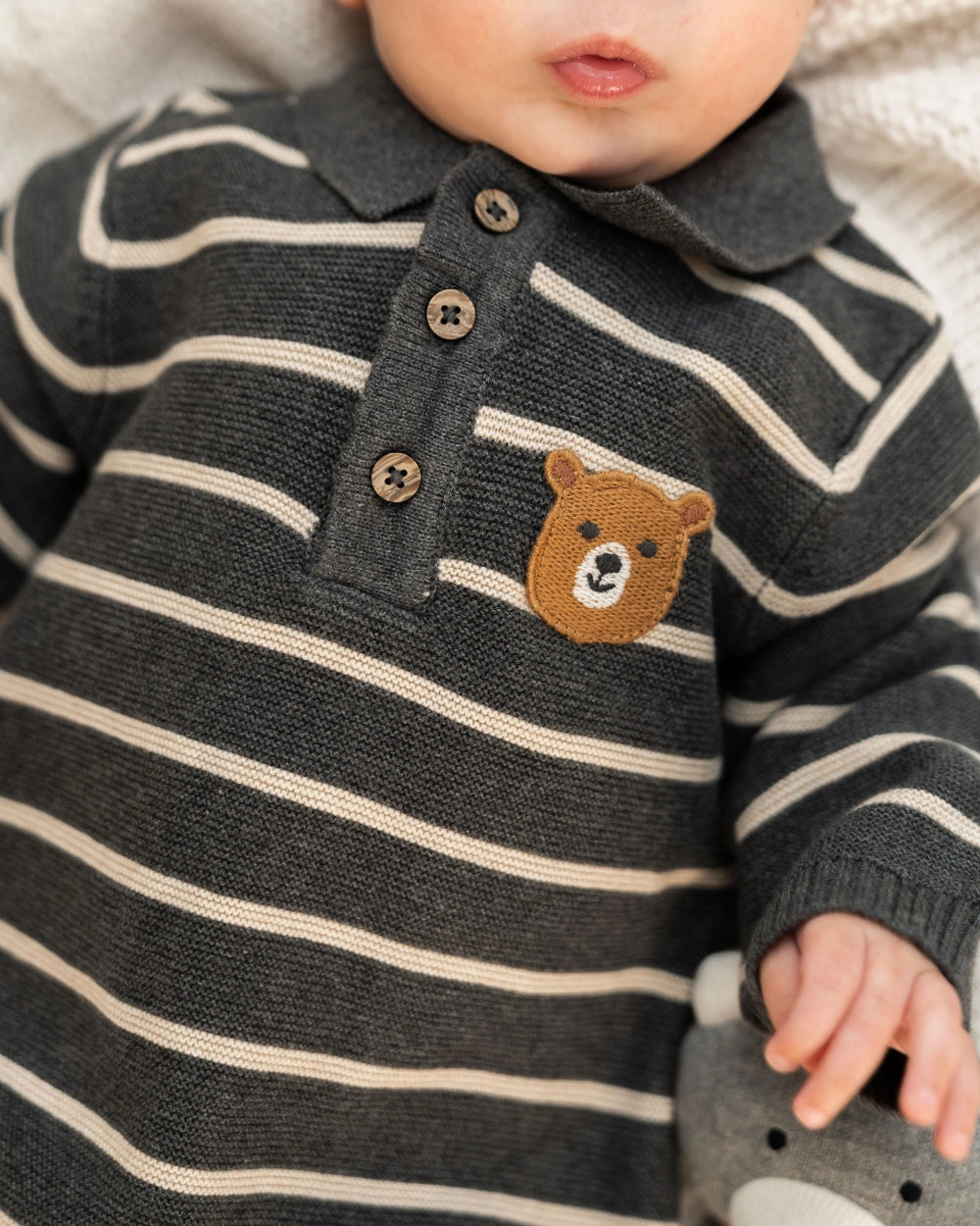 cozy striped bear baby jumpsuit