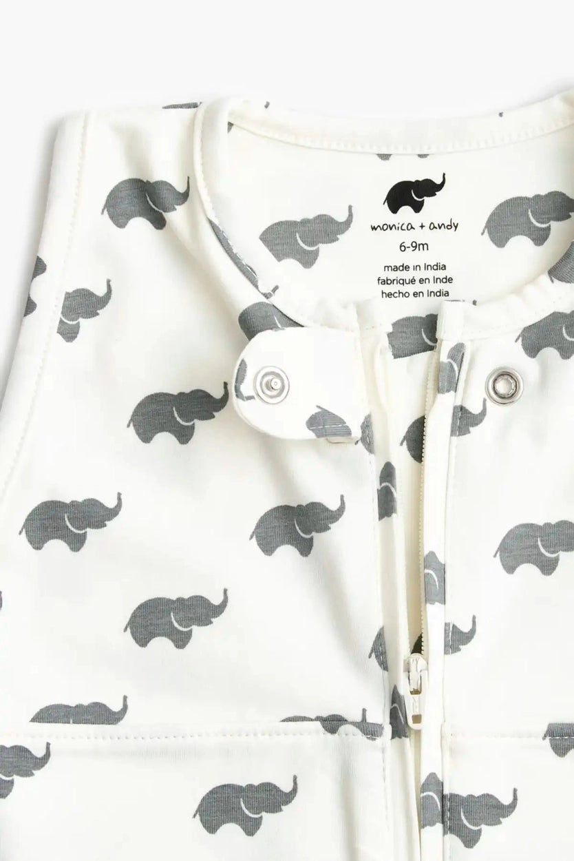 Soft cotton wearable baby blanket featuring adorable gray elephant print