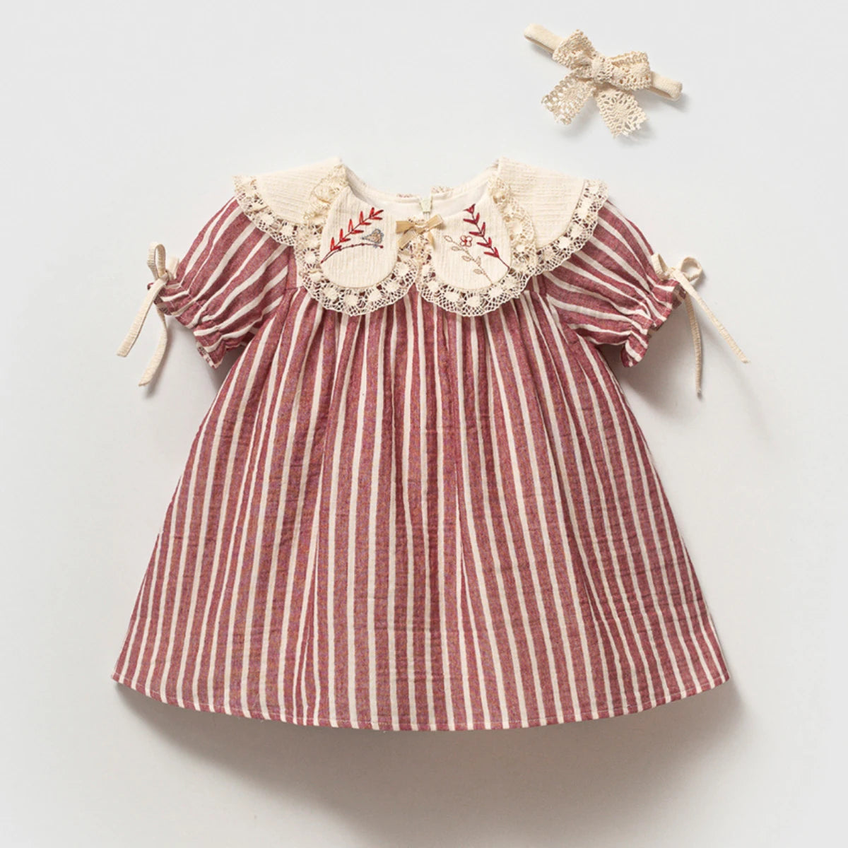 Red striped baby girl dress with embroidered Peter Pan collar
