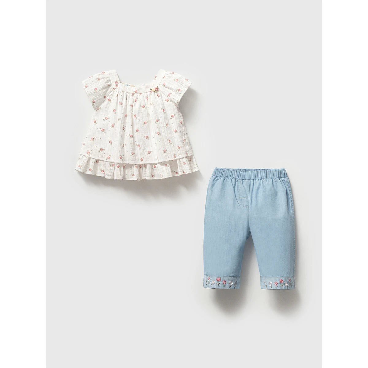 Baby girl floral top with embroidered denim pants outfit