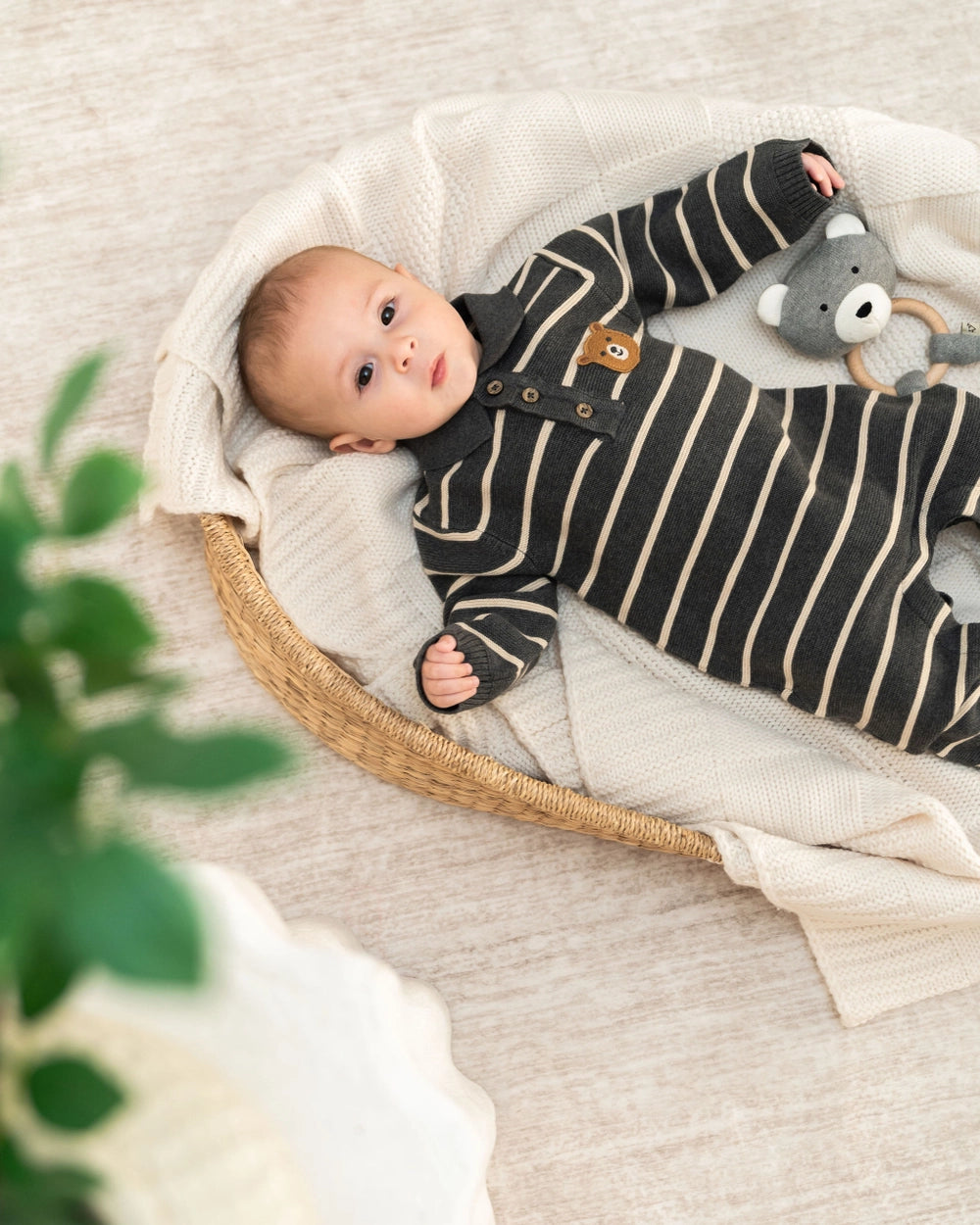 organic cotton baby knit jumpsuit with bear face applique