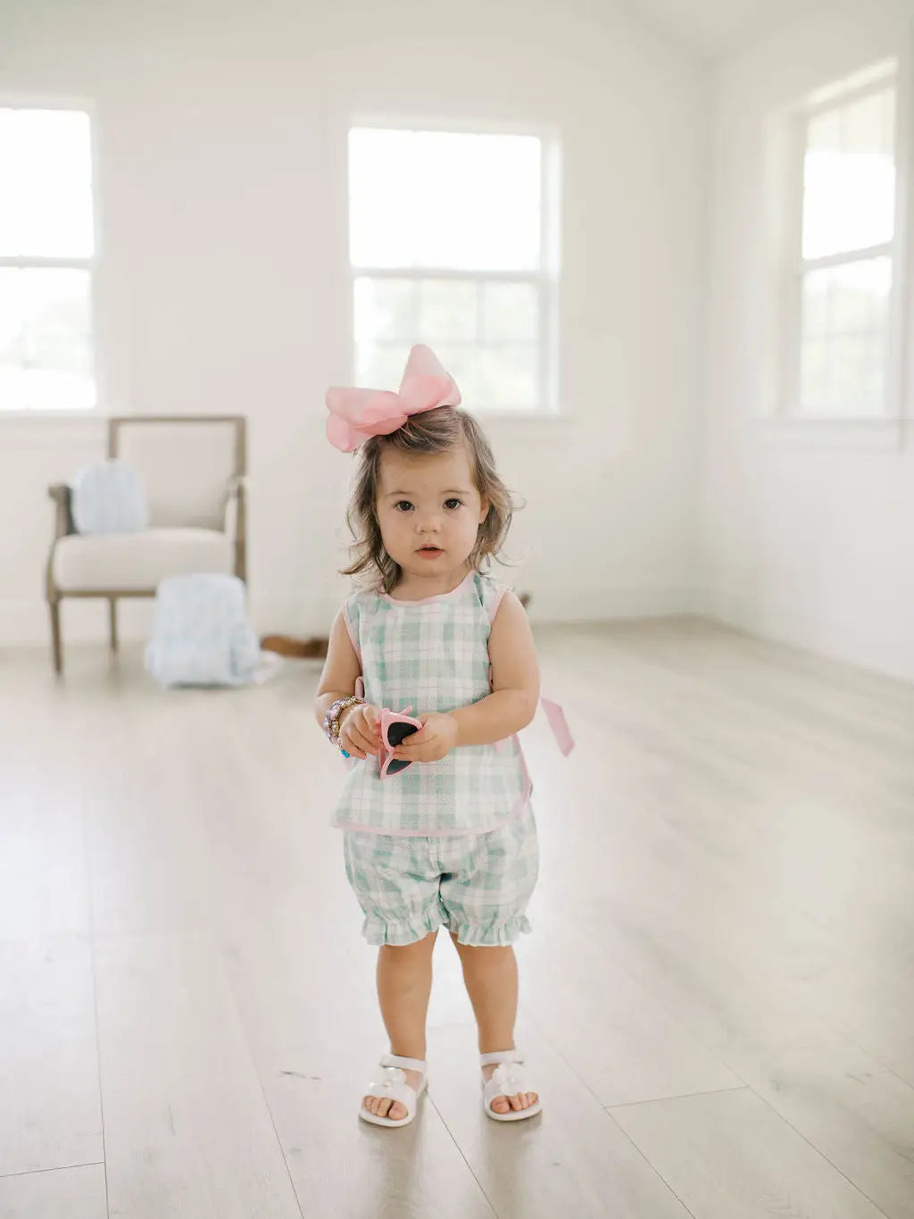 Mint plaid two piece bow and bloomer set for toddler girls