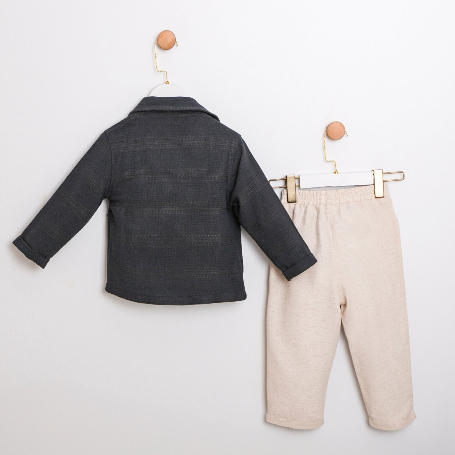 Baby boy outfit set with charcoal jacket and sunshine tee