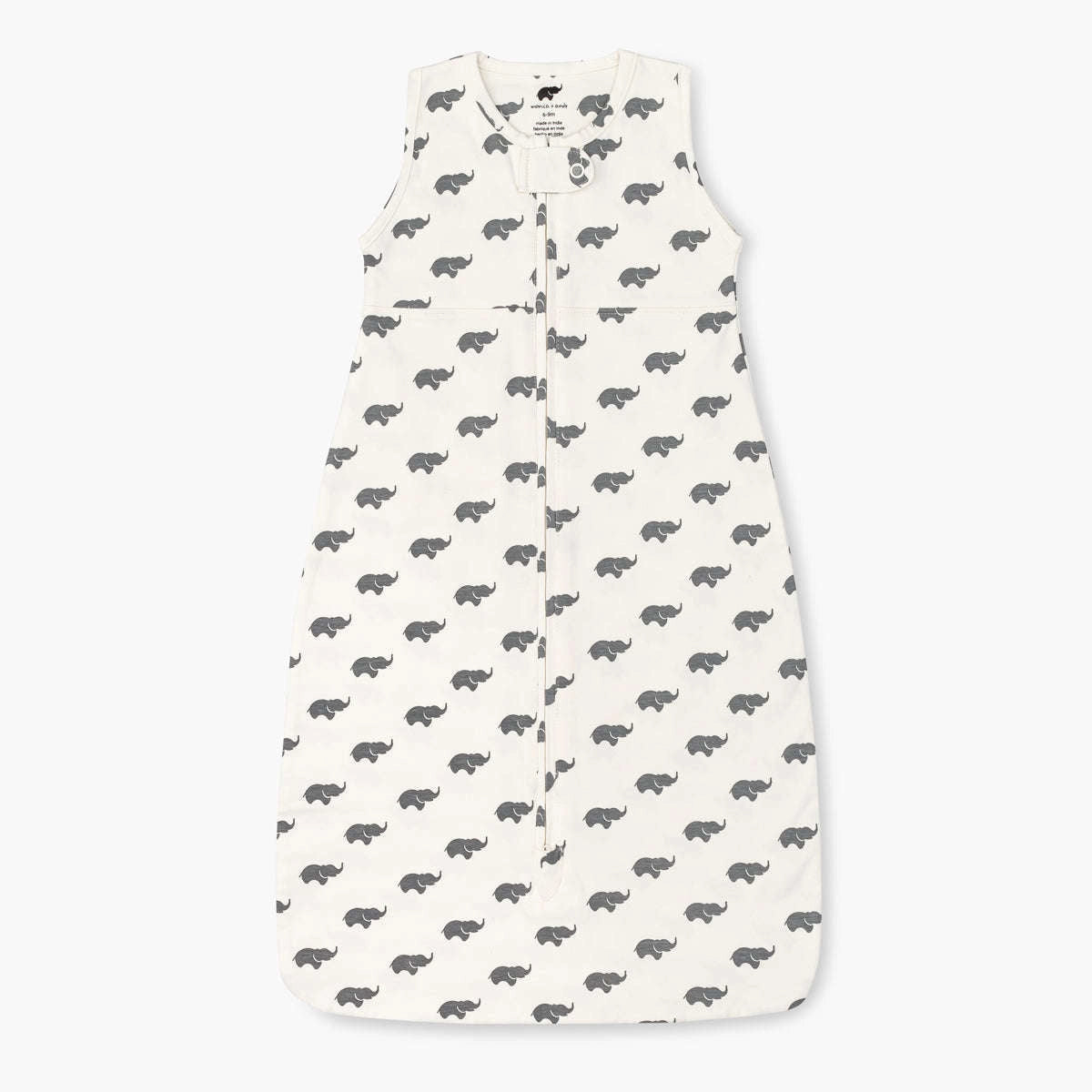 Baby elephant print cotton sleep sack with full-length zipper on ivory fabric.
