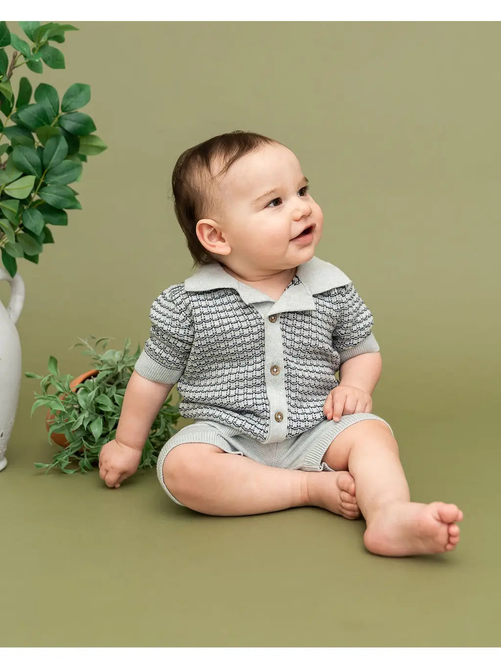 Organic baby knit polo shirt and shorts set made from 100% organic cotton in sage green and gray.