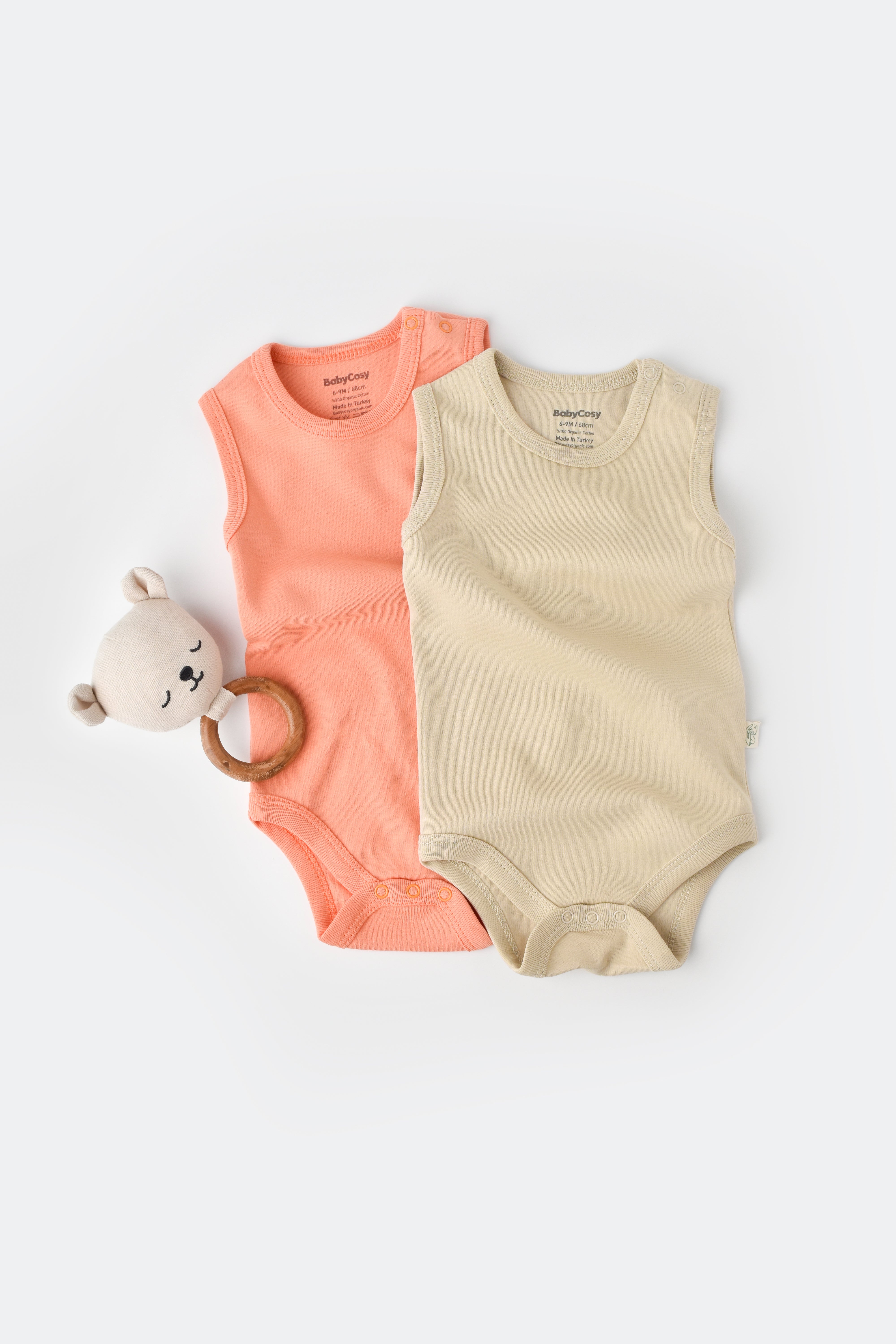 Two Pack sleeveless baby bodysuits made from 100% organic cotton, breathable and gentle on newborn skin.