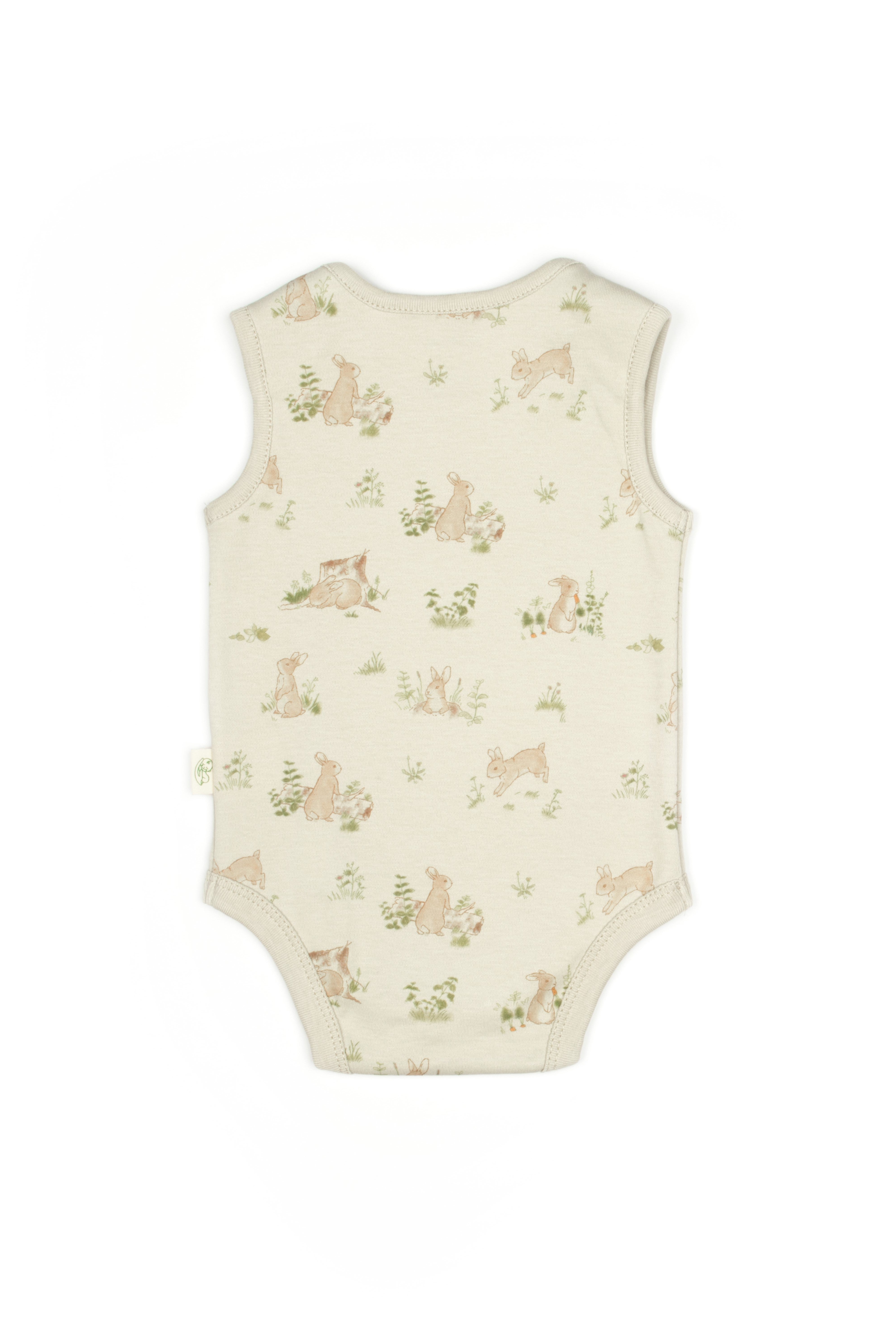 Bunny print sleeveless baby bodysuit made from 100% organic cotton, soft summer outfit for infants