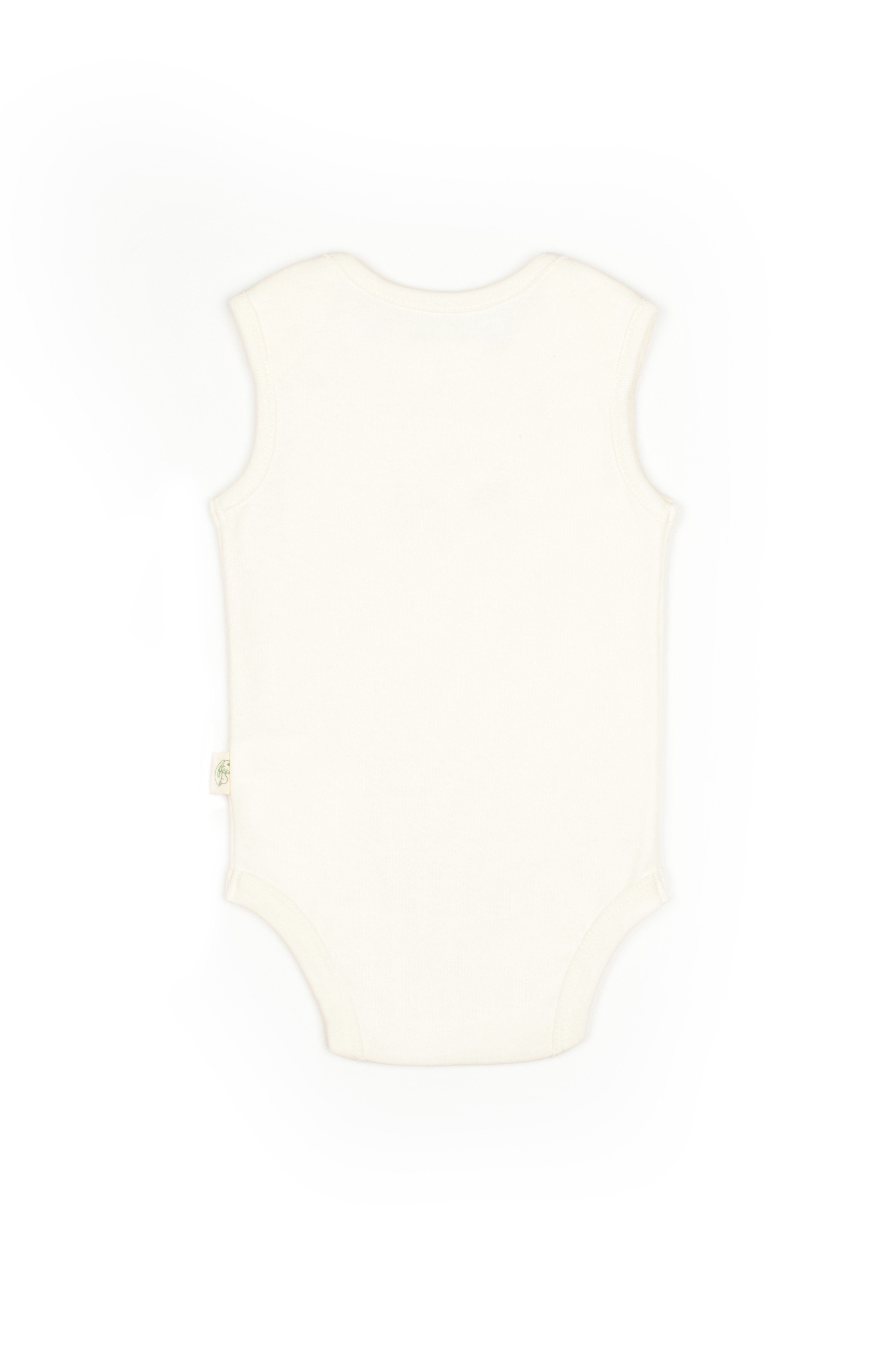 Unisex organic cotton sleeveless bodysuit in ecru with cute bunny print, perfect for newborns.