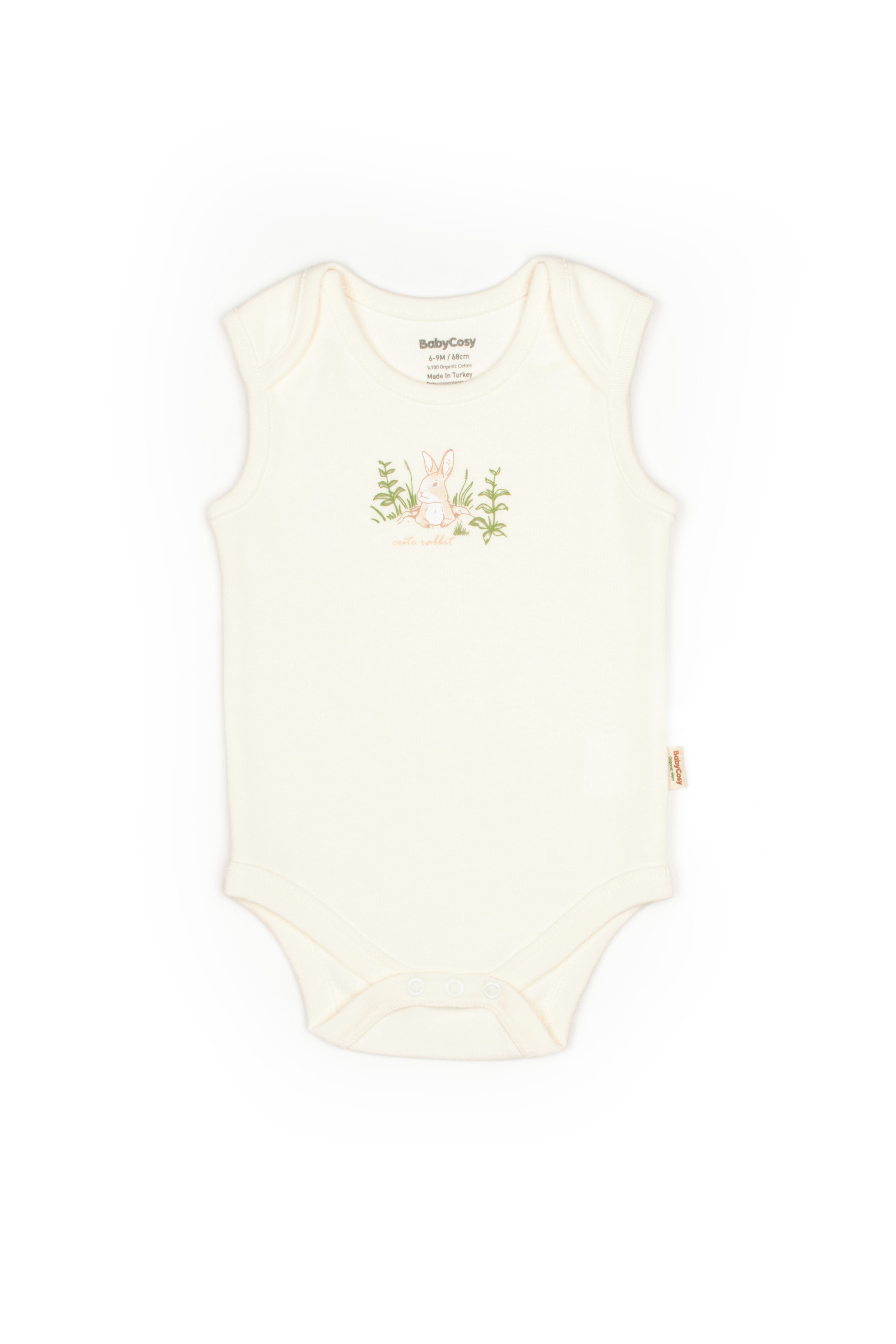 Ecru bunny sleeveless baby bodysuit made from 100% organic cotton, soft and breathable for infants.